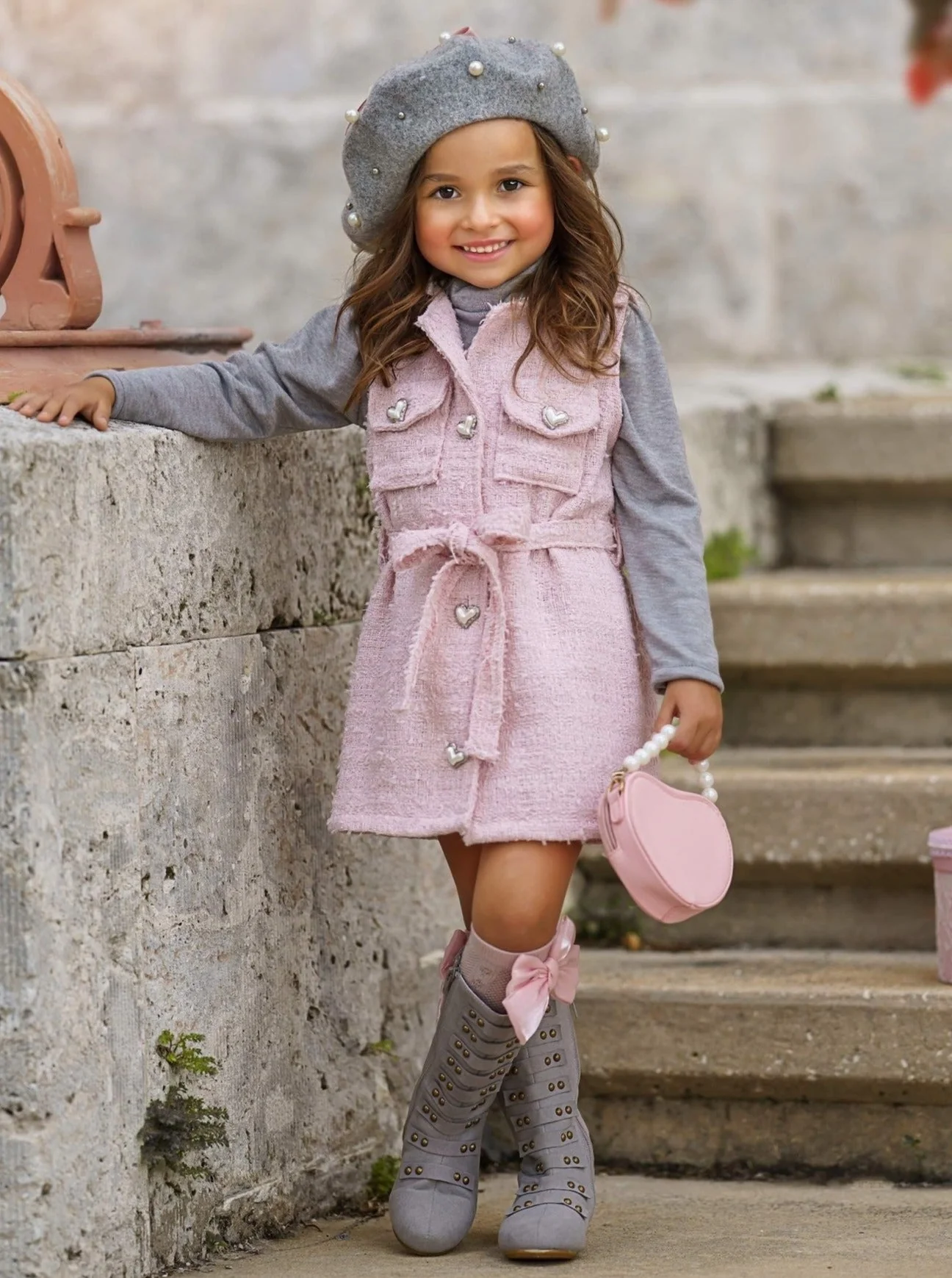 Forever Chic Grey Turtleneck and Belted Pink Tweed Shacket Dress Set - Image 3