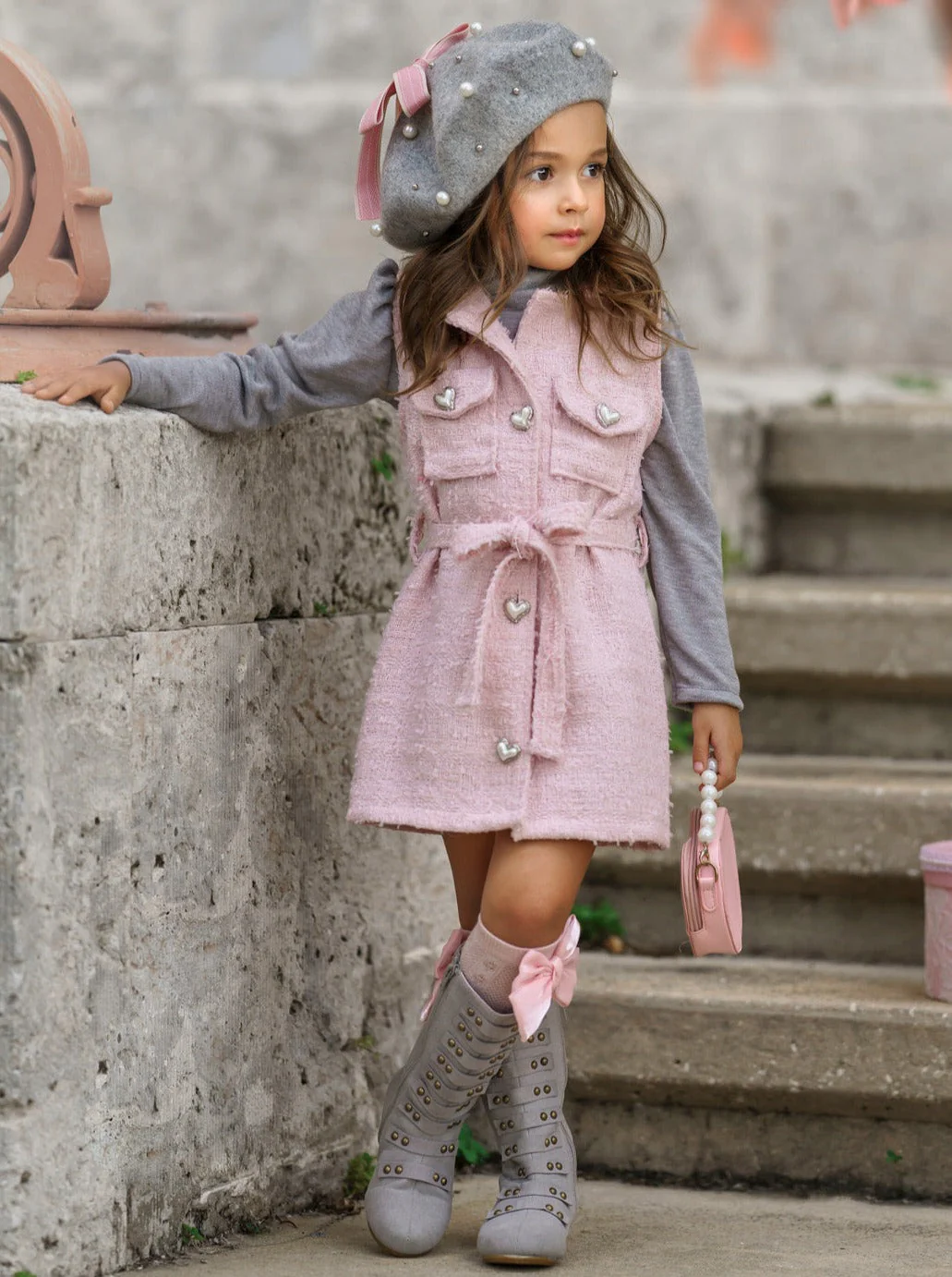 Forever Chic Grey Turtleneck and Belted Pink Tweed Shacket Dress Set - Image 4