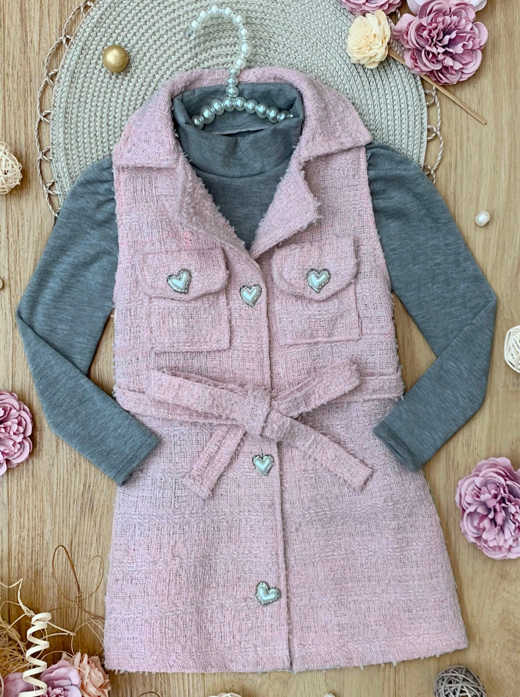 Forever Chic Grey Turtleneck and Belted Pink Tweed Shacket Dress Set - Image 5