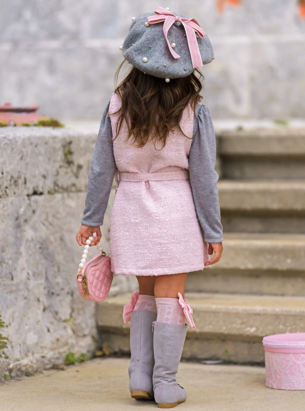 Forever Chic Grey Turtleneck and Belted Pink Tweed Shacket Dress Set - Image 6