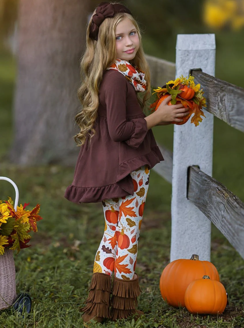 Falling Leaves Hi-Lo Ruffle Tunic, Leggings and Scarf Set - Image 2