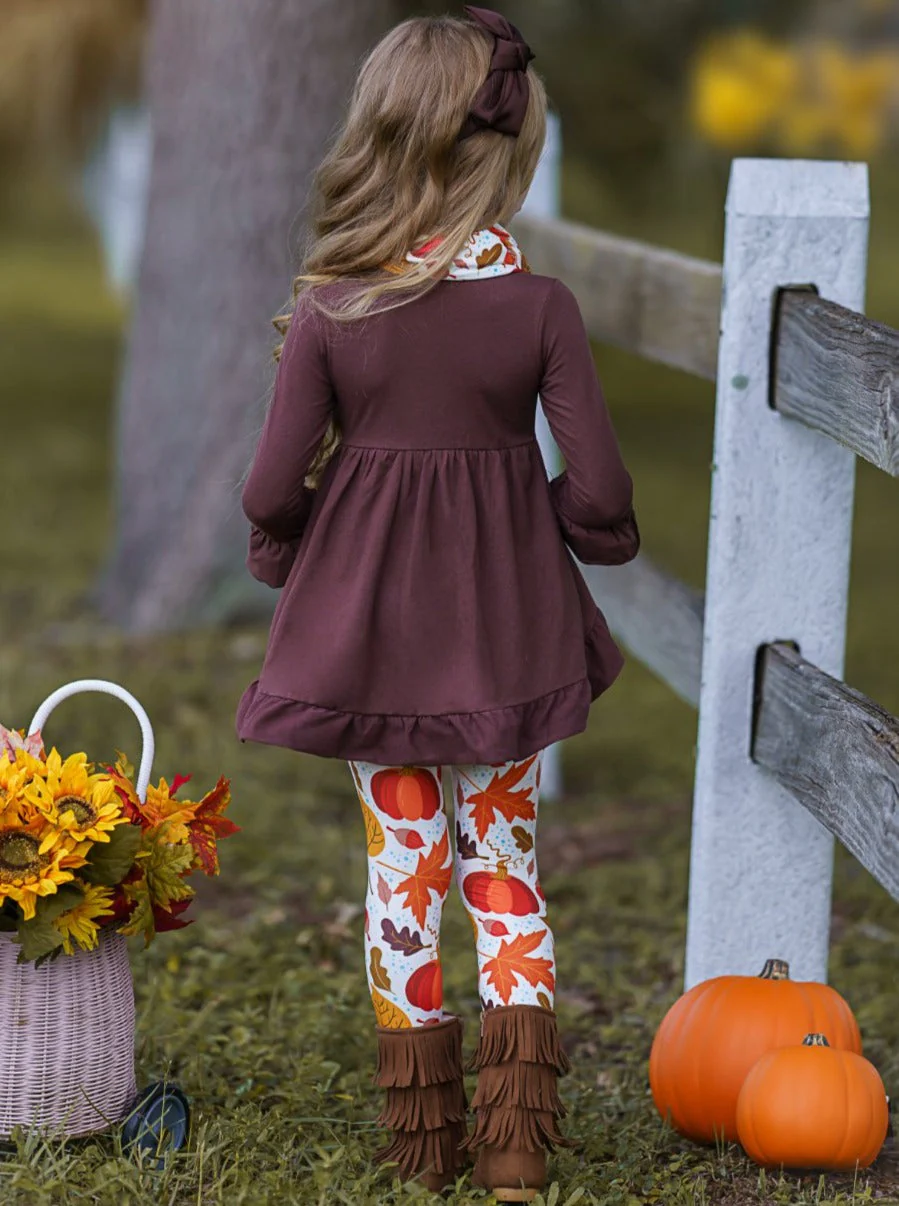 Falling Leaves Hi-Lo Ruffle Tunic, Leggings and Scarf Set - Image 3