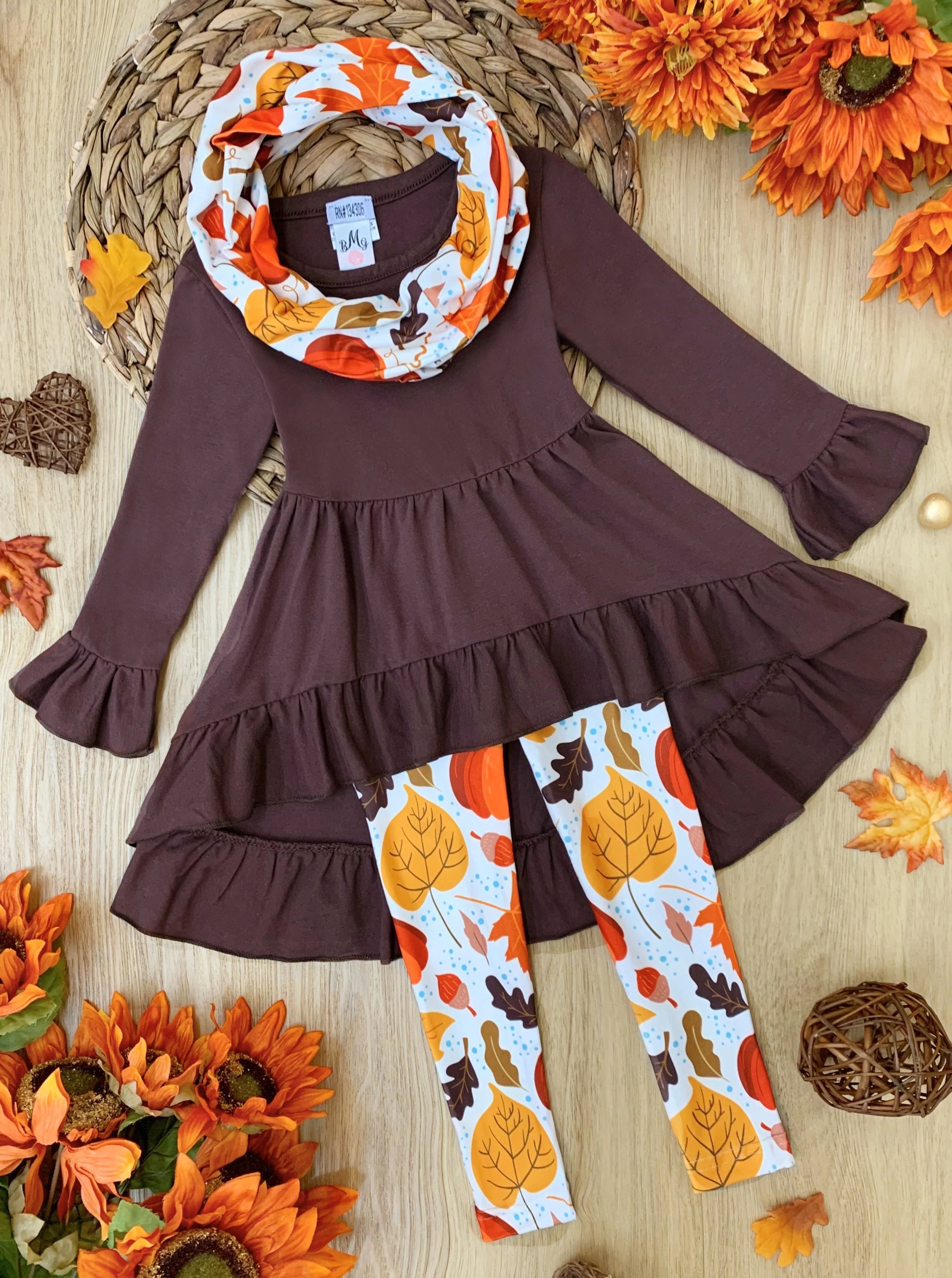 Falling Leaves Hi-Lo Ruffle Tunic, Leggings and Scarf Set - Image 4