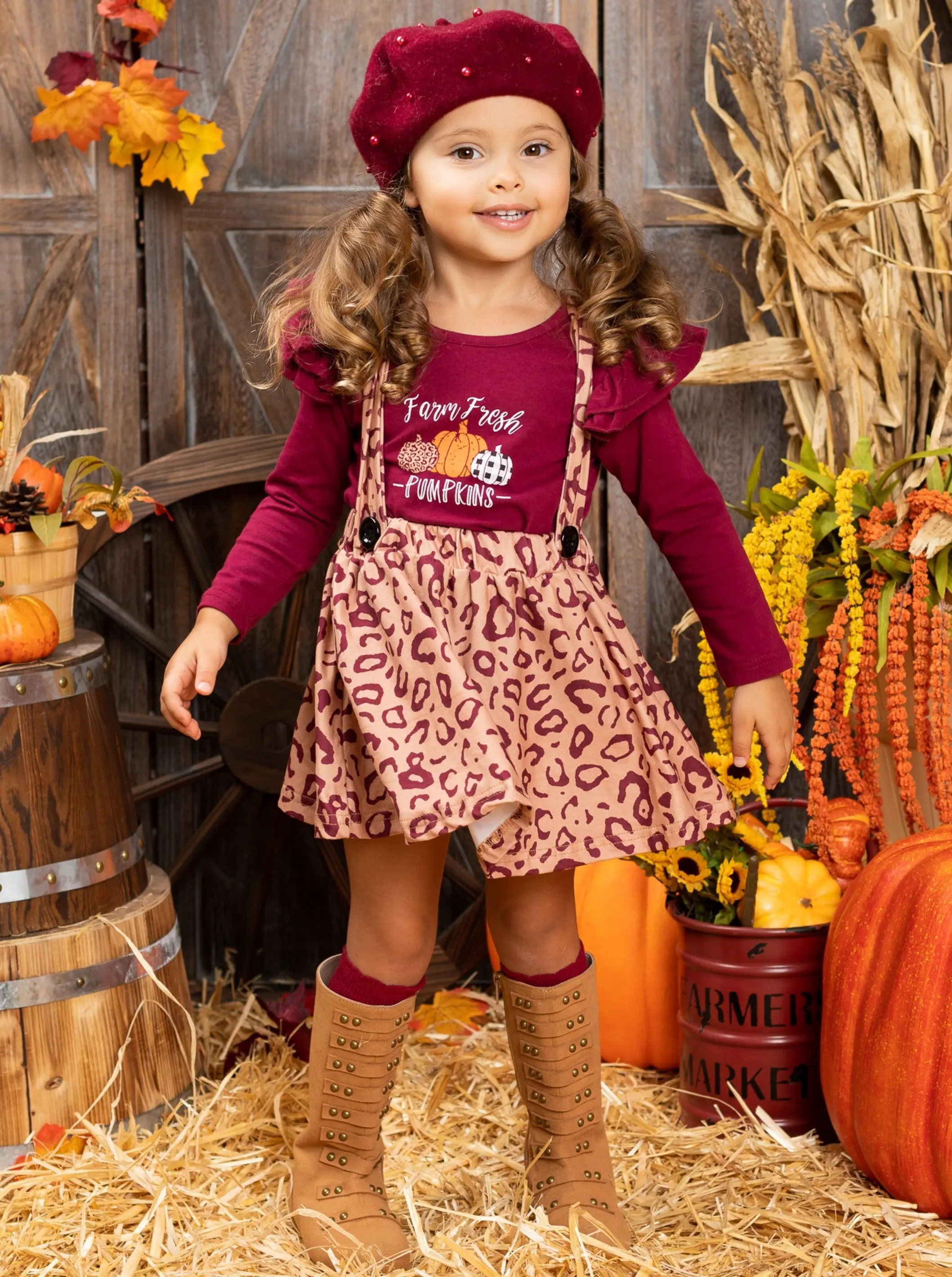 Farm Fresh Pumpkins Ruffled Top And Leopard Pinafore Skirt Set - Image 2
