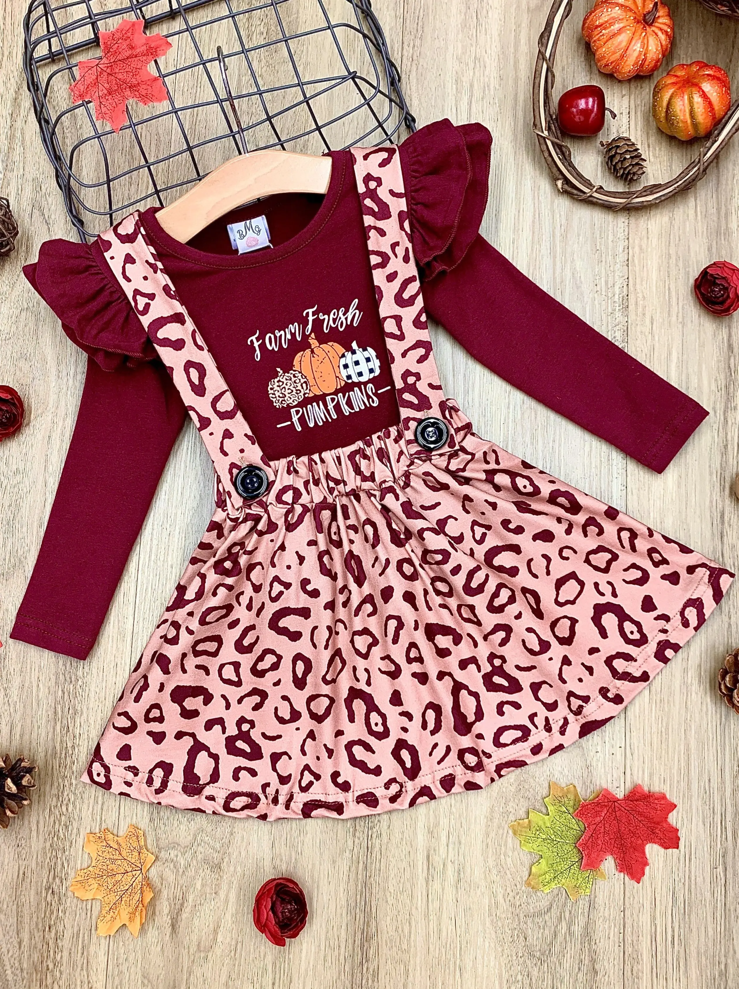 Farm Fresh Pumpkins Ruffled Top And Leopard Pinafore Skirt Set - Image 3