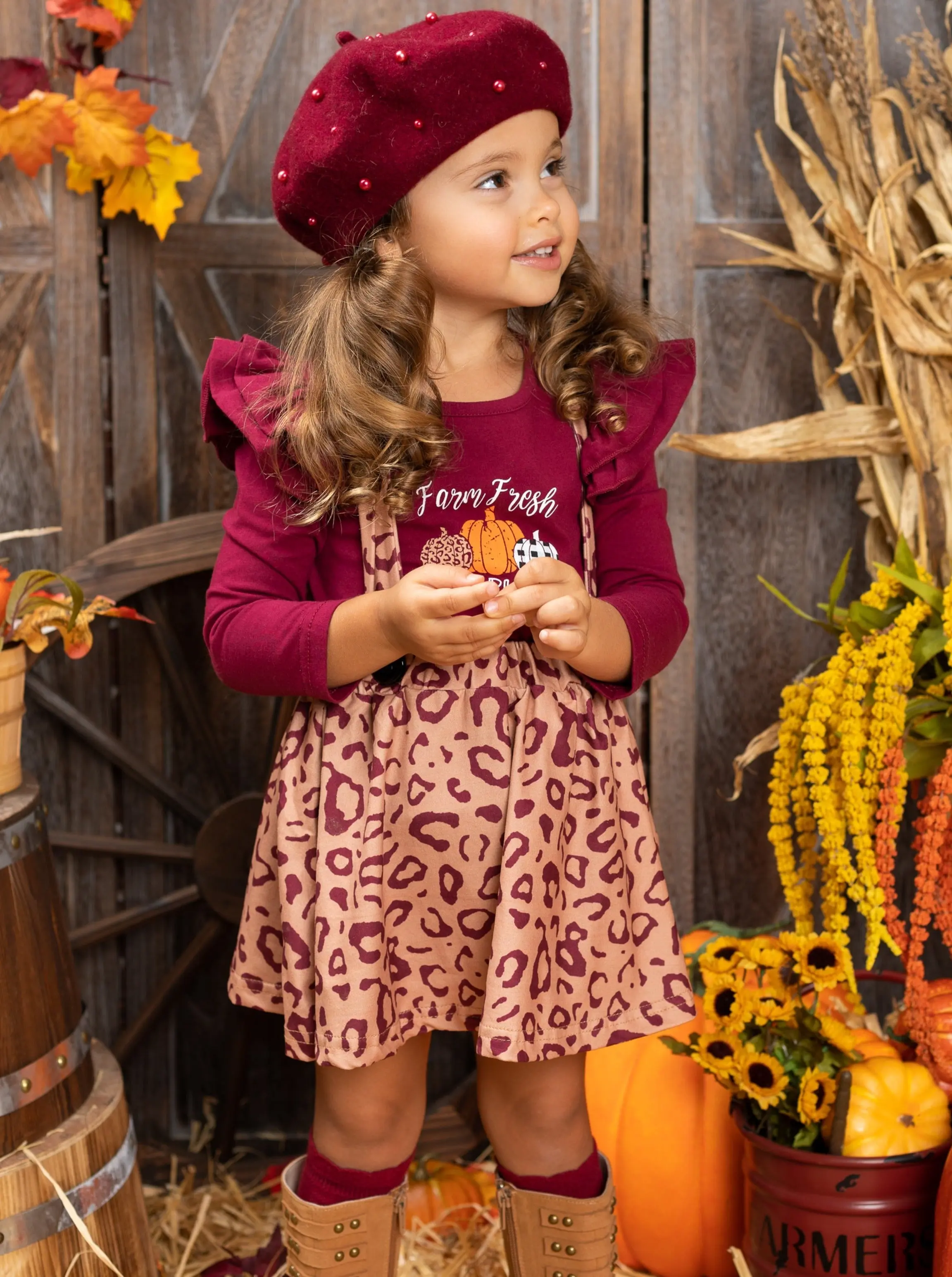 Farm Fresh Pumpkins Ruffled Top And Leopard Pinafore Skirt Set - Image 4