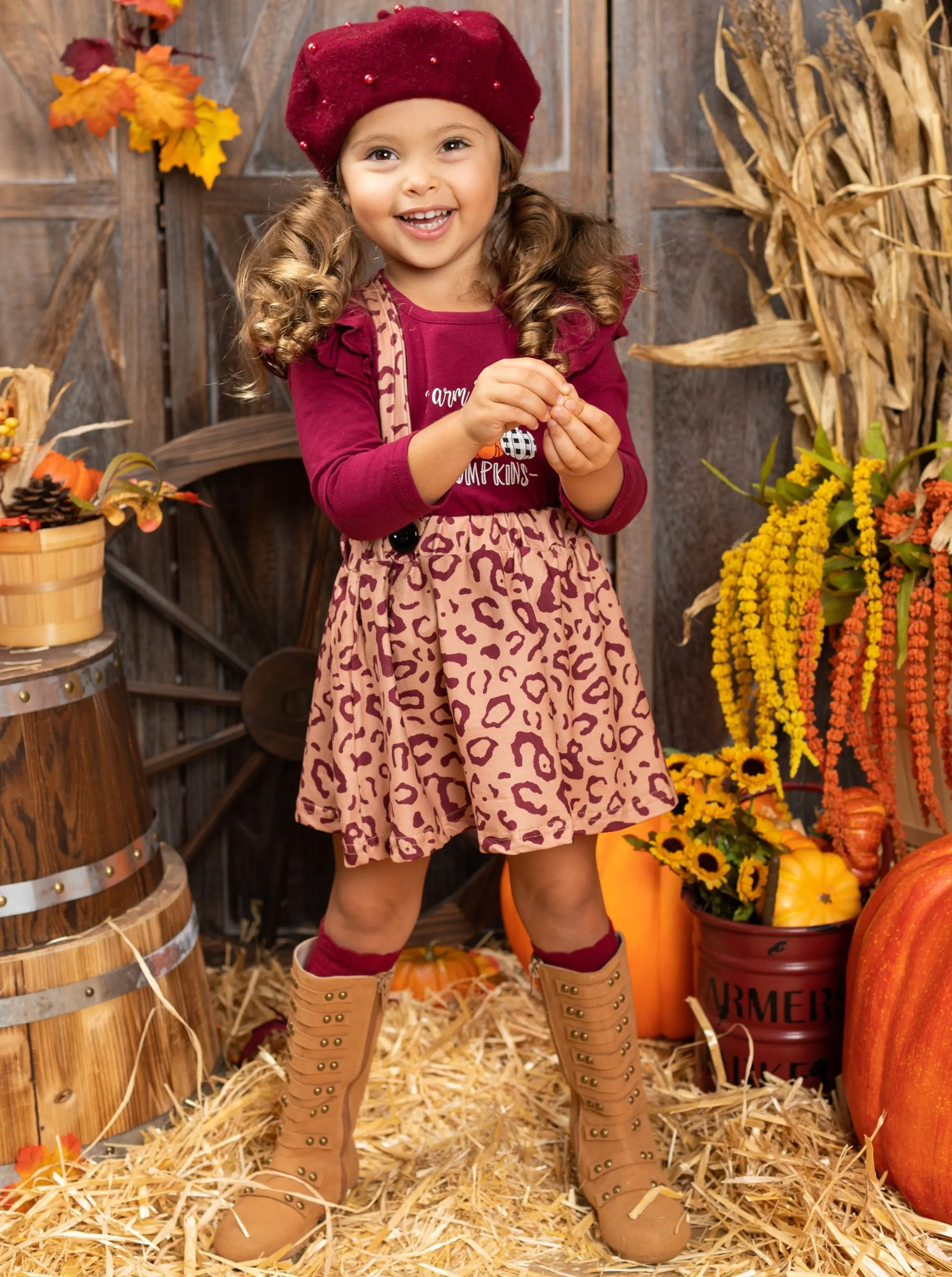 Farm Fresh Pumpkins Ruffled Top And Leopard Pinafore Skirt Set - Image 5