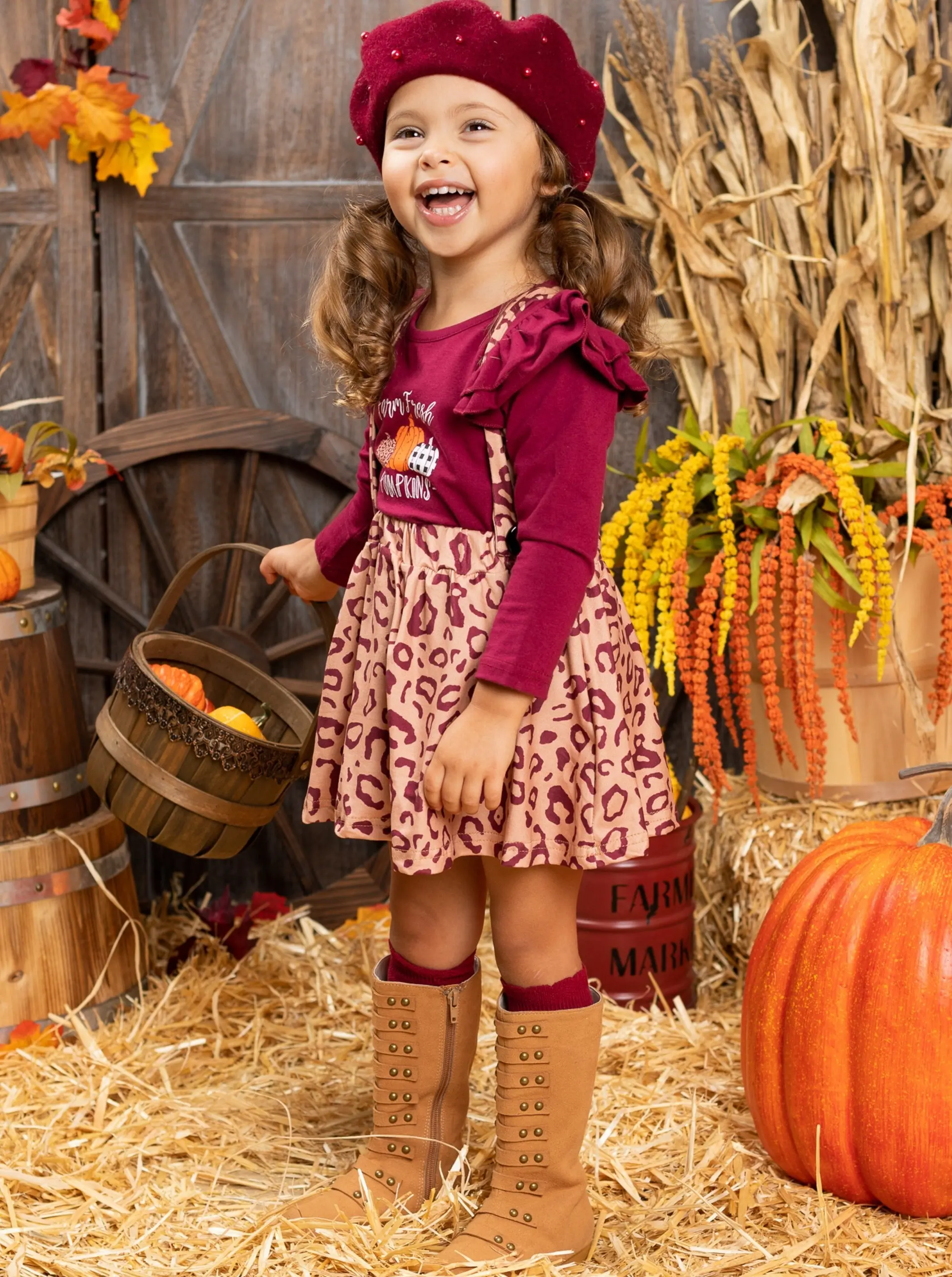 Farm Fresh Pumpkins Ruffled Top And Leopard Pinafore Skirt Set - Image 6