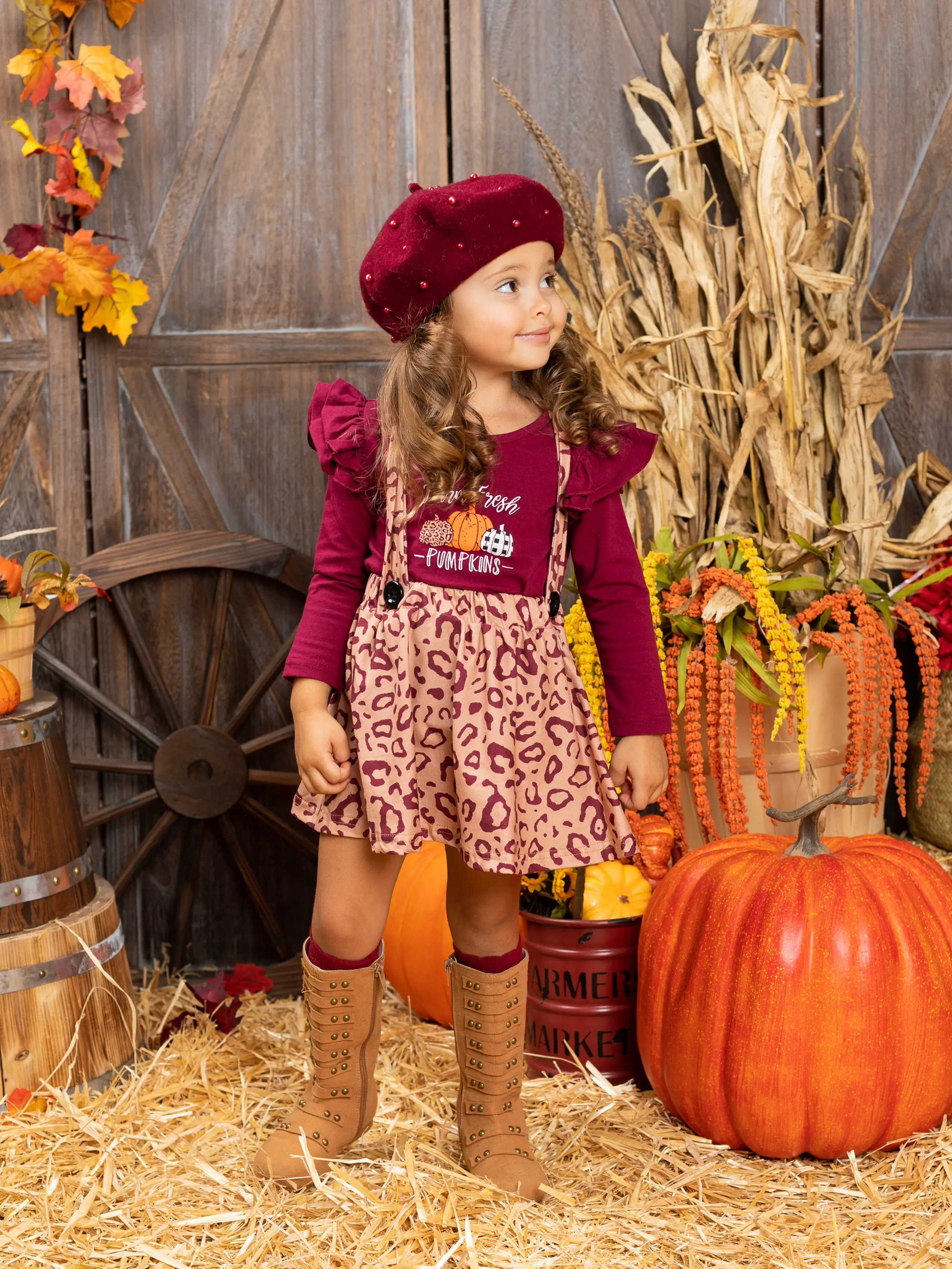 Farm Fresh Pumpkins Ruffled Top And Leopard Pinafore Skirt Set - Image 7