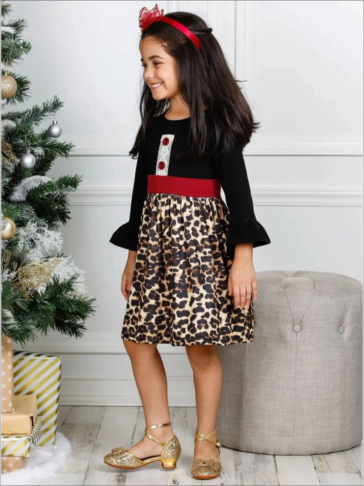 Girls Faux Buttoned Crochet Animal Print Long Ruffled Sleeve Dress - Image 2