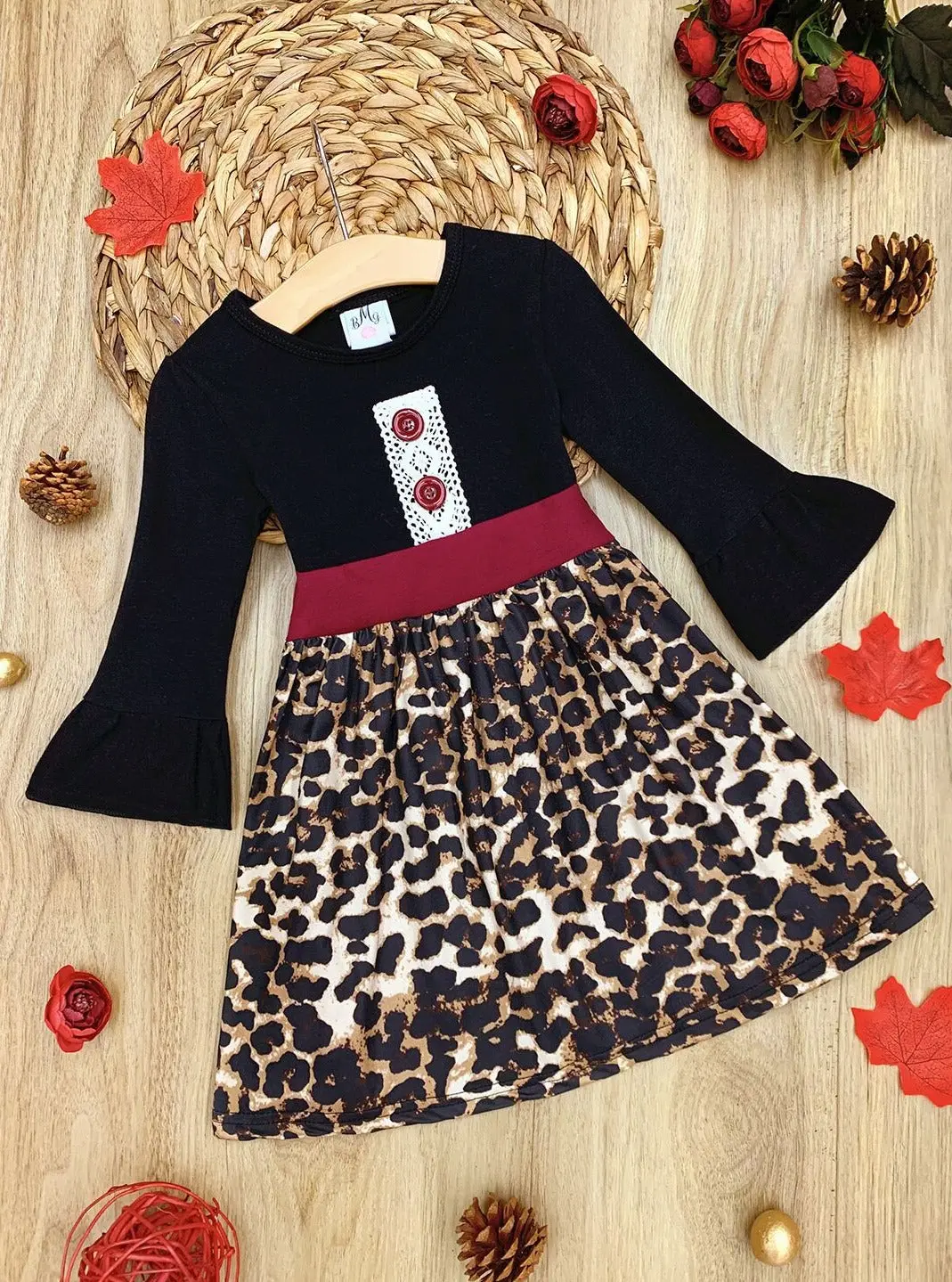 Girls Faux Buttoned Crochet Animal Print Long Ruffled Sleeve Dress - Image 3
