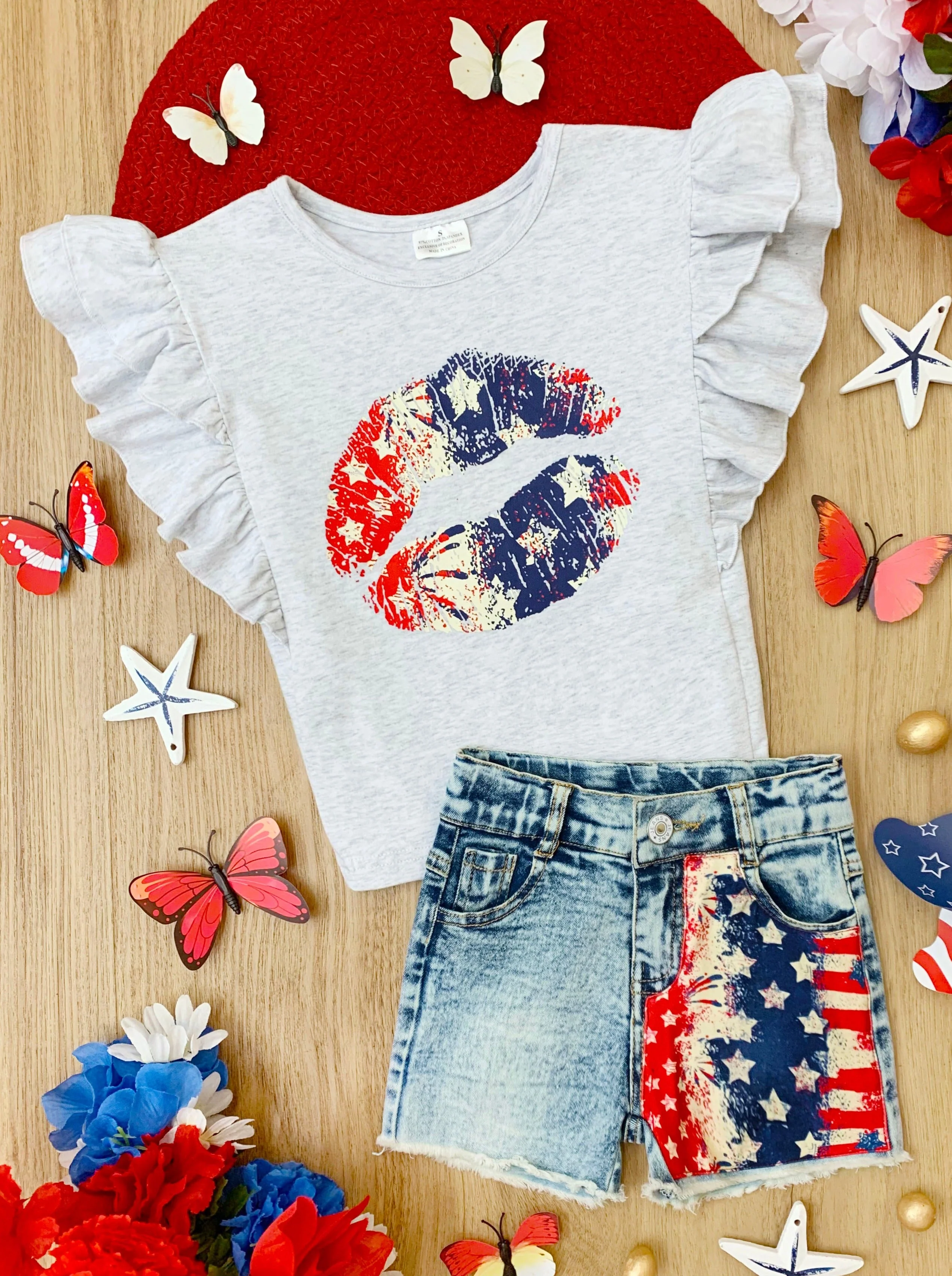 Liberty Kisses Flutter Top and Patched Denim Short Set - Image 3