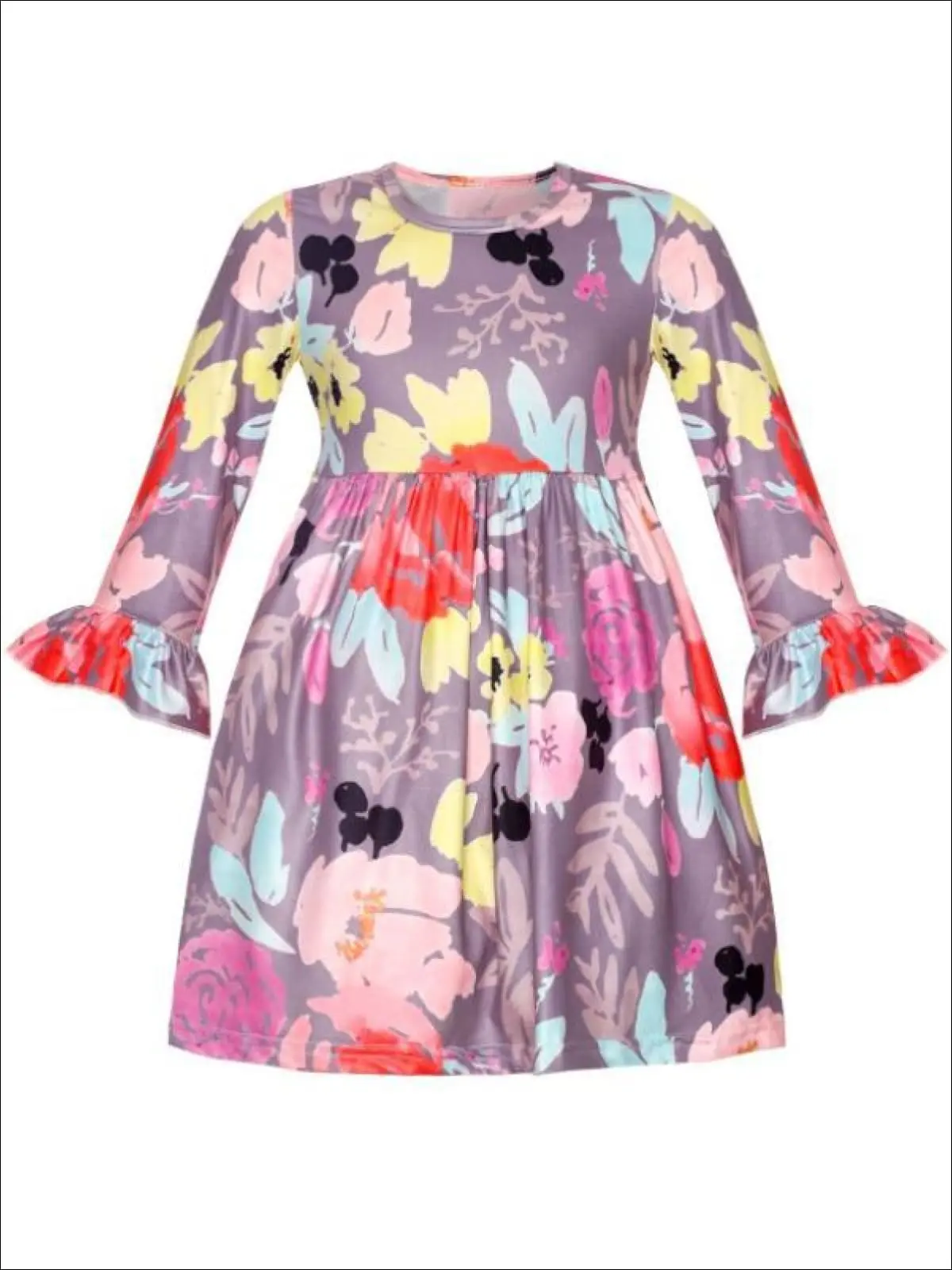 Girls Floral A-Line Long Flared Sleeve Dress - Image 2
