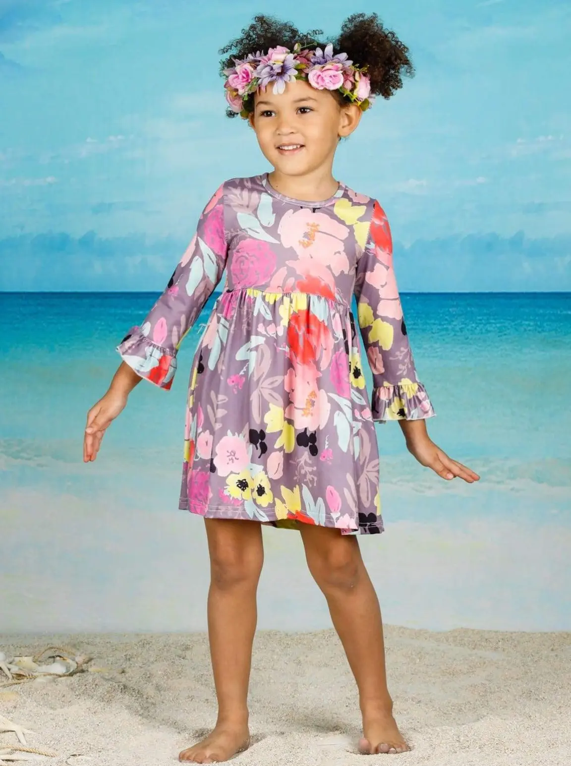 Girls Floral A-Line Long Flared Sleeve Dress - Image 3