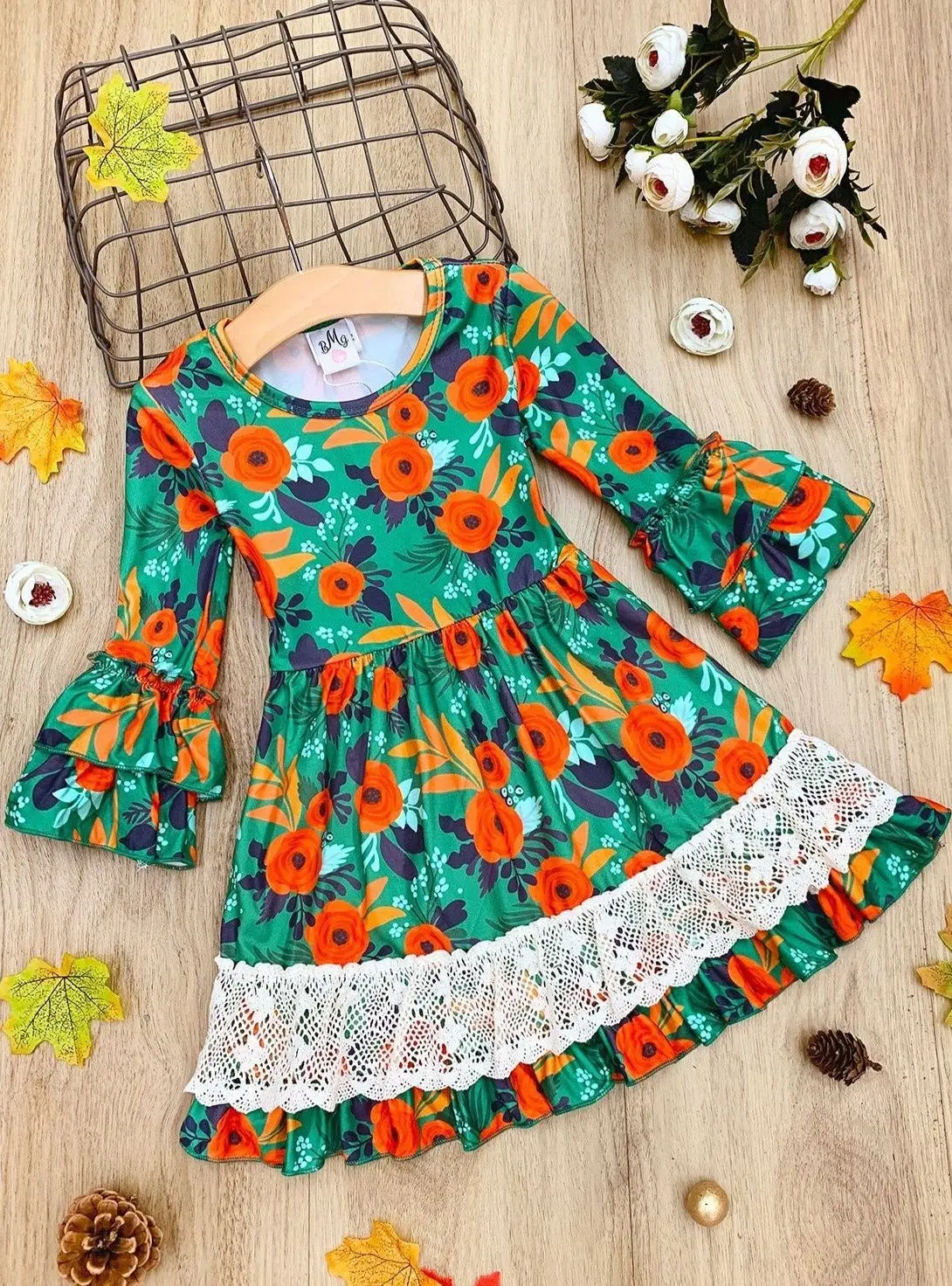 Girls Floral Crochet Ruffled Dress - Image 2