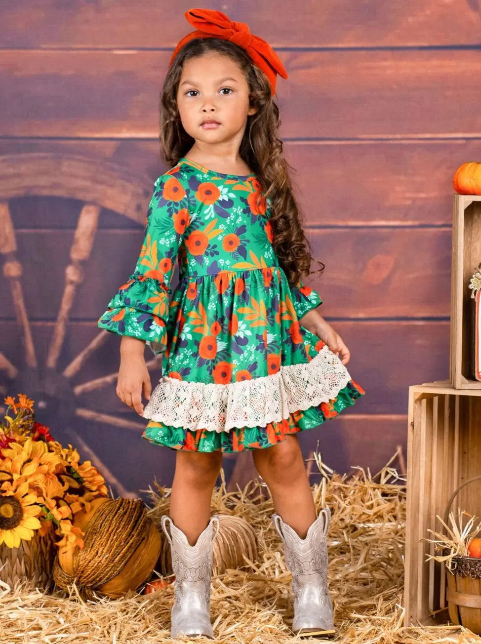 Girls Floral Crochet Ruffled Dress - Image 4