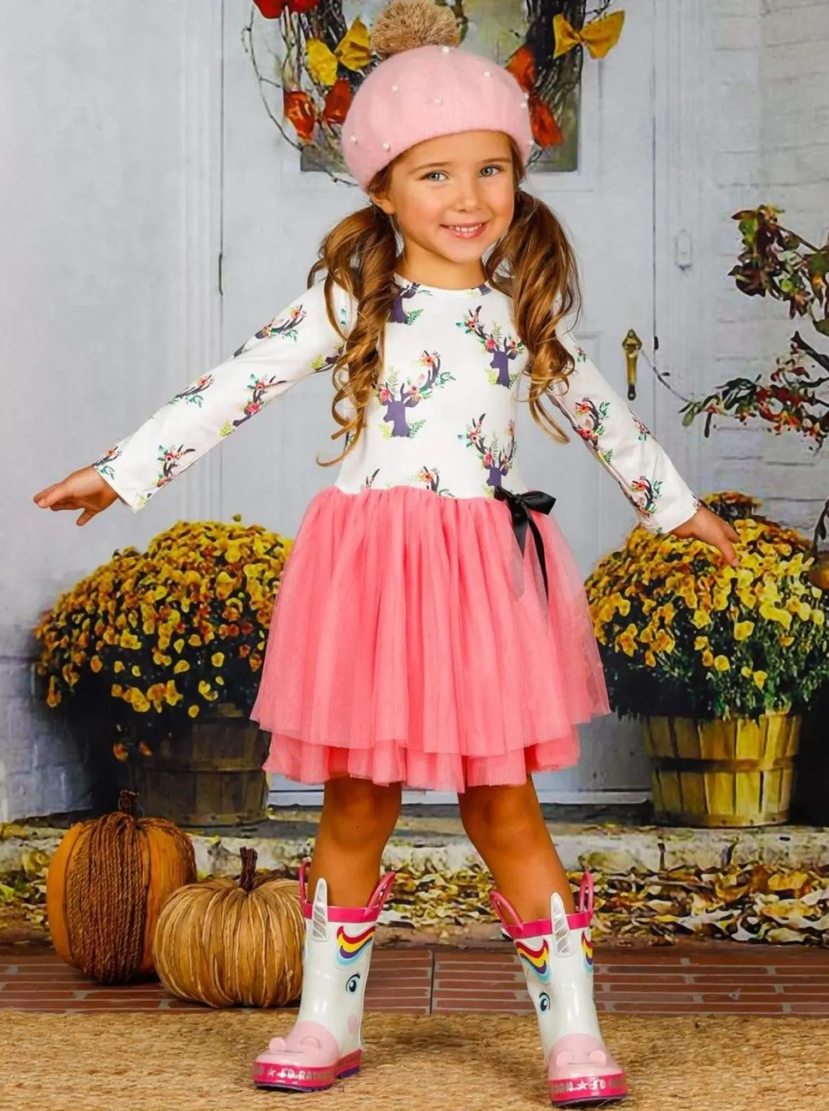 Girls Floral Reindeer Print Long Sleeve Tutu Dress with Bow - Image 2