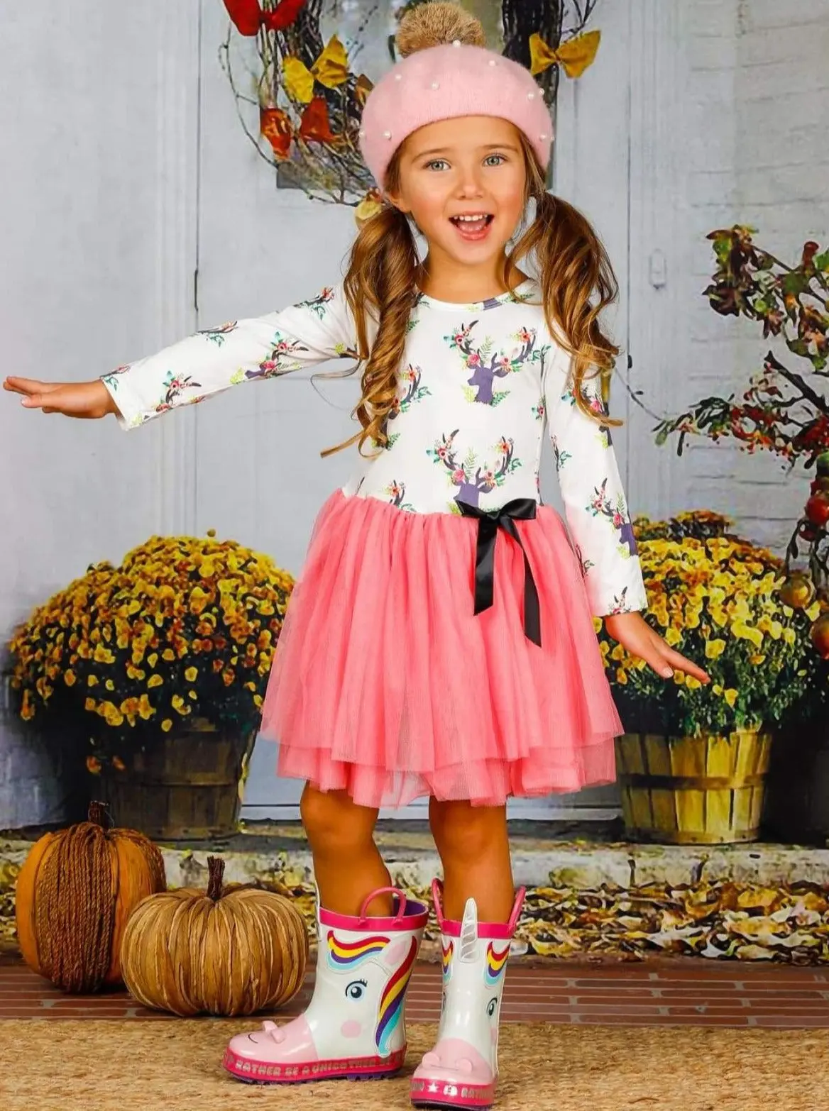 Girls Floral Reindeer Print Long Sleeve Tutu Dress with Bow - Image 3
