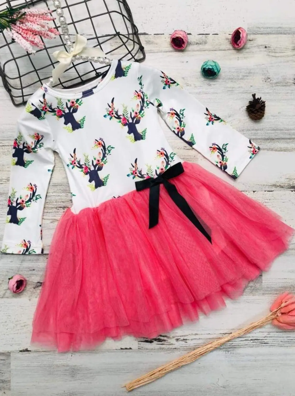 Girls Floral Reindeer Print Long Sleeve Tutu Dress with Bow - Image 4