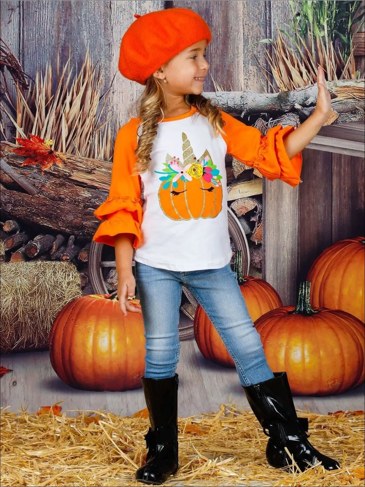 Unicorn Pumpkin Double Ruffle Raglan Top - Image 2