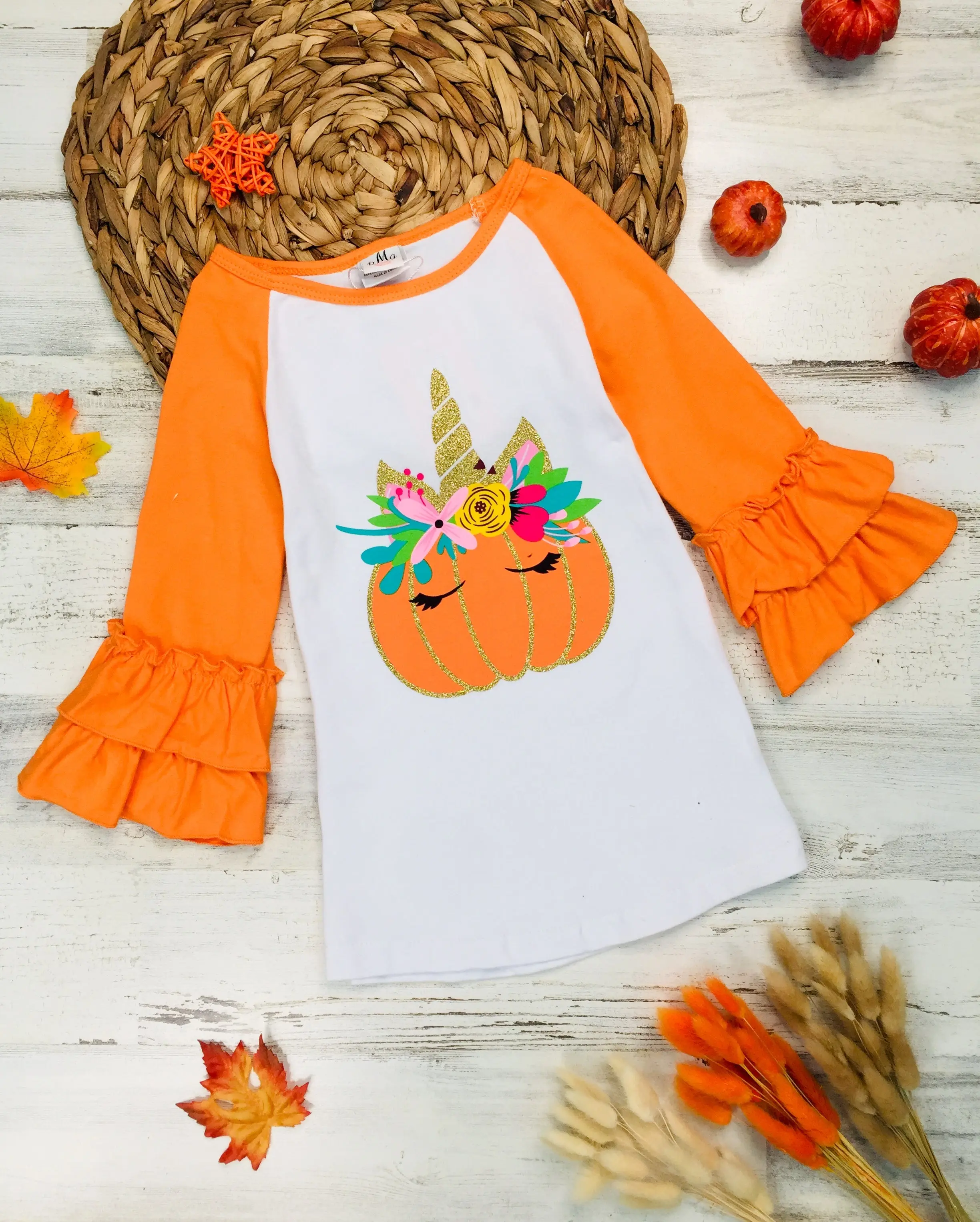 Unicorn Pumpkin Double Ruffle Raglan Top - Image 3