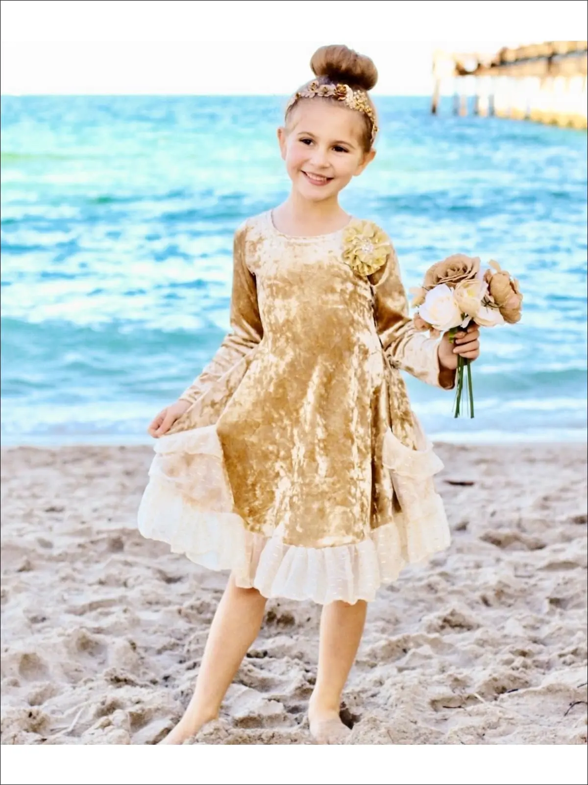 Gold Velvet Ruffled Pockets Princess Dress - Image 3
