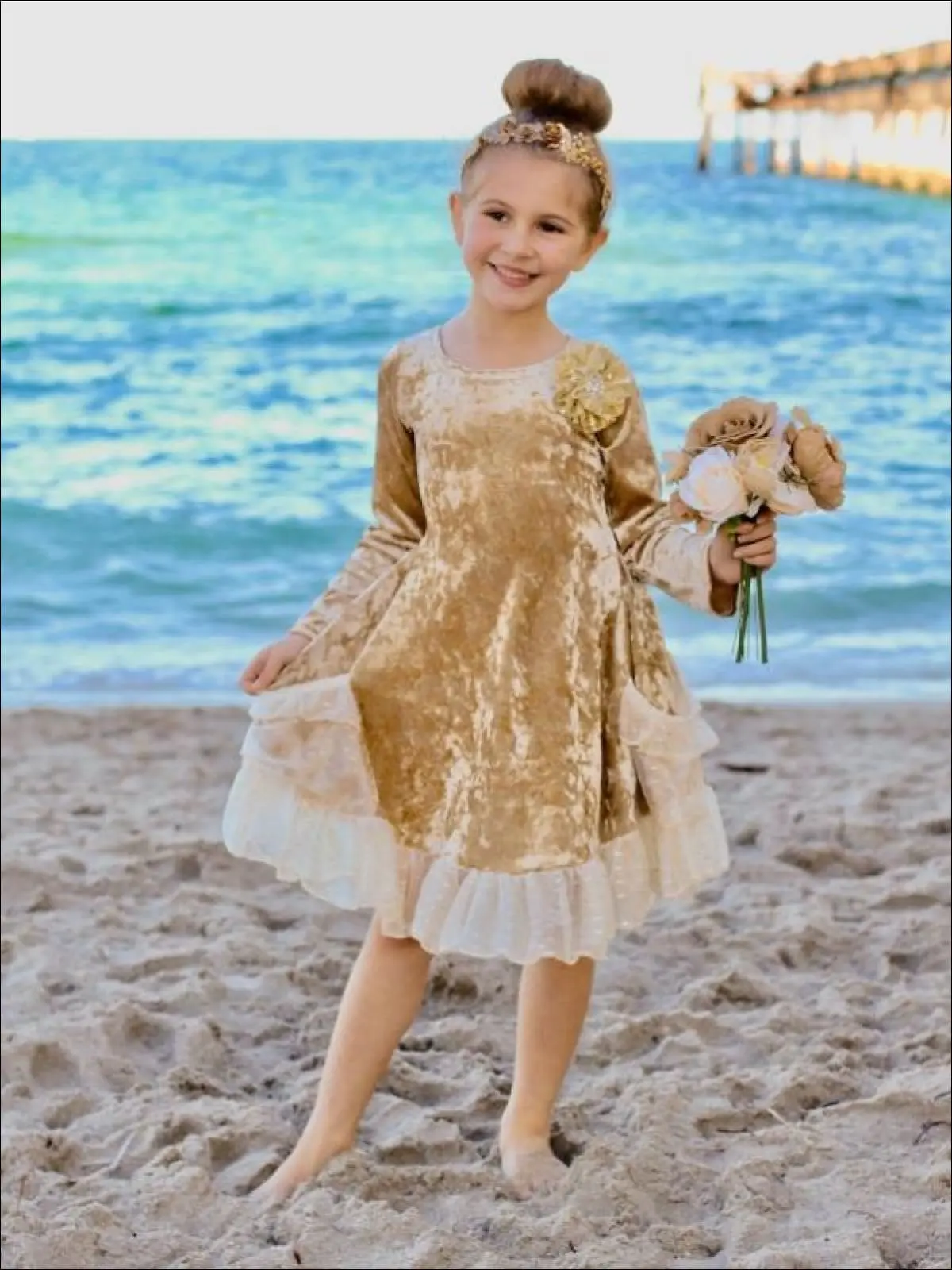 Gold Velvet Ruffled Pockets Princess Dress - Image 4