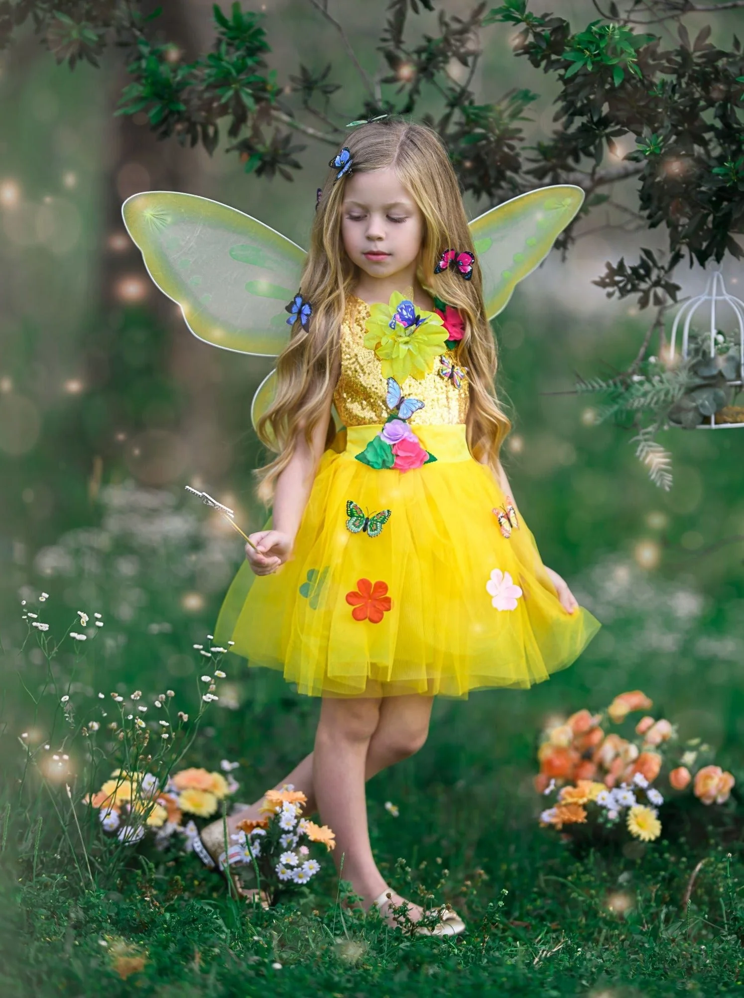 Girls Golden Butterfly Fairy Costume Dress - Image 2