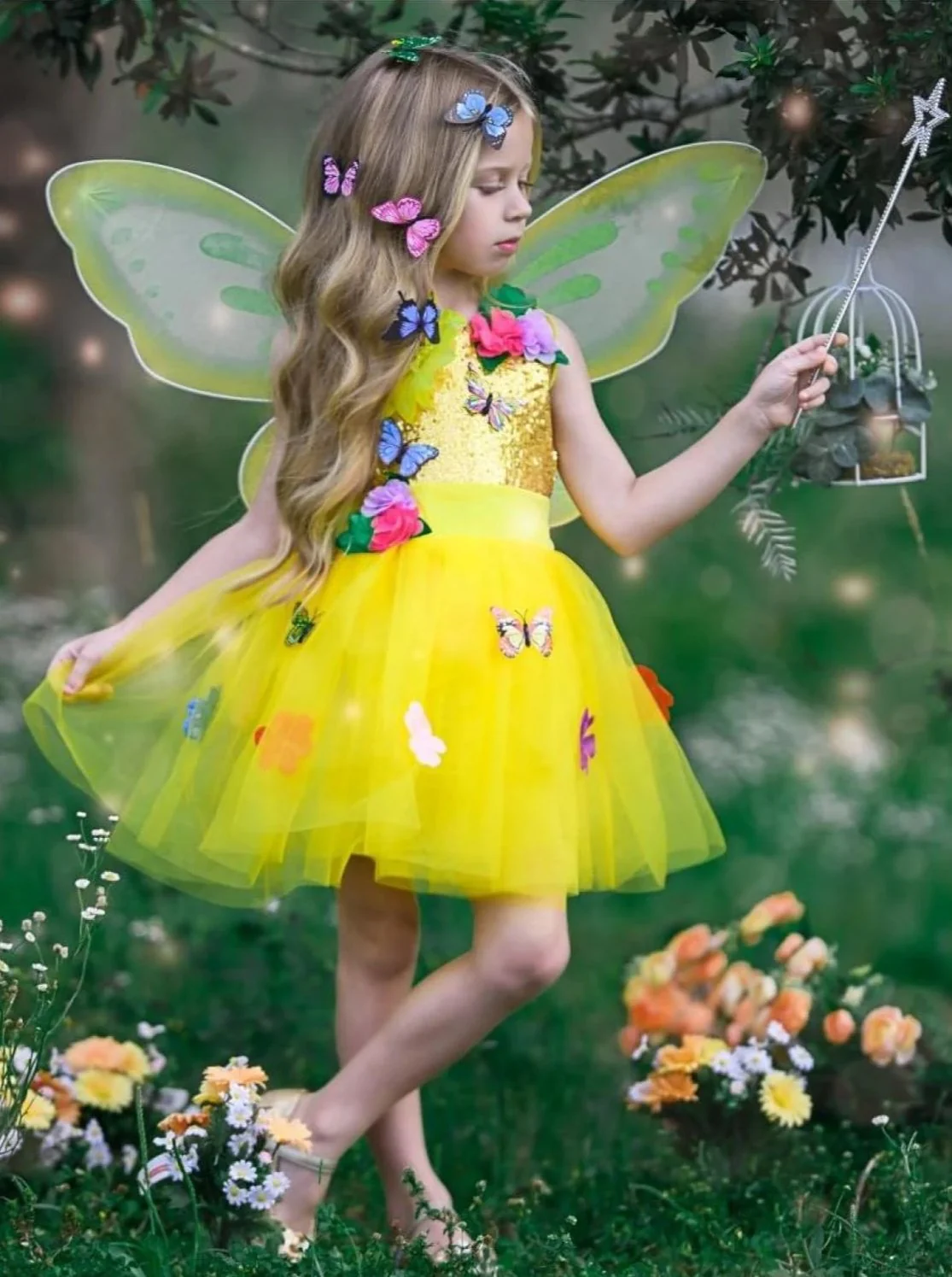 Girls Golden Butterfly Fairy Costume Dress - Image 3