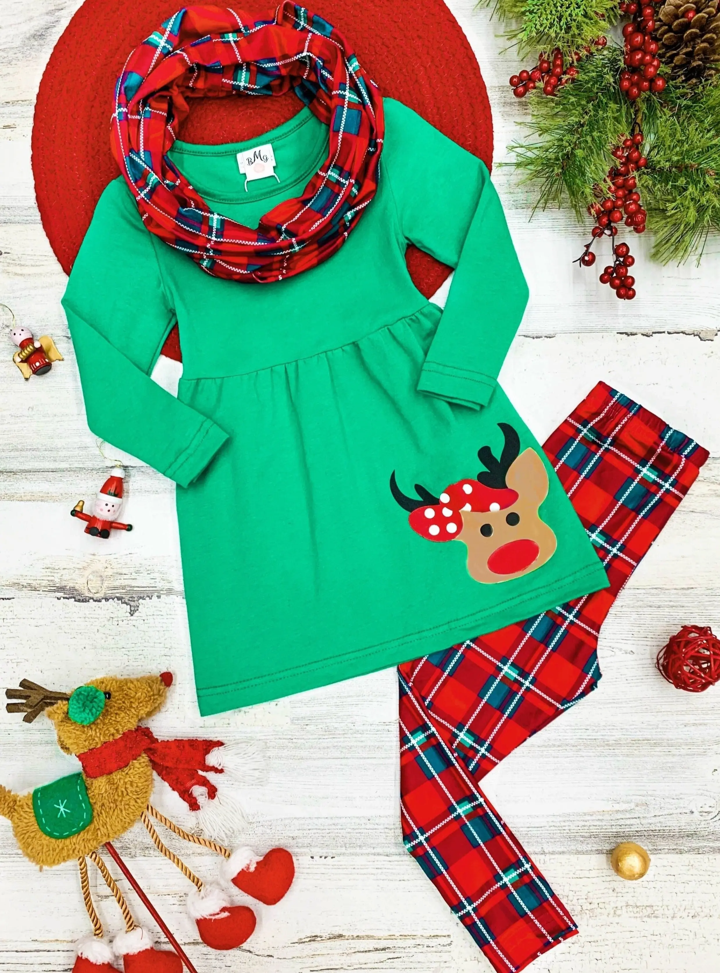 Girls Christmas Themed Green Long Sleeve Rudolph Applique Tunic and Red Plaid Leggings and Scarf Set - Image 2