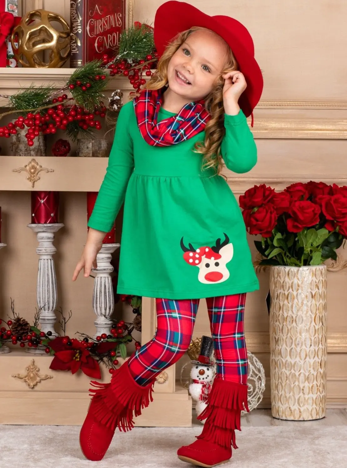 Girls Christmas Themed Green Long Sleeve Rudolph Applique Tunic and Red Plaid Leggings and Scarf Set - Image 3