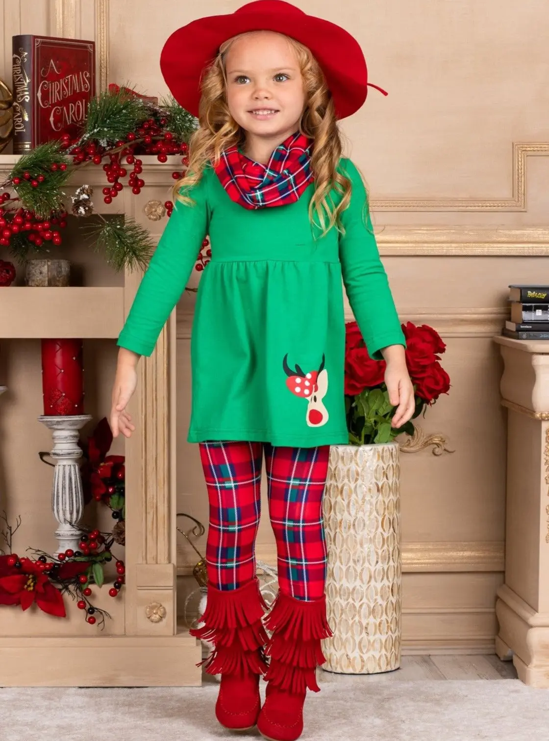 Girls Christmas Themed Green Long Sleeve Rudolph Applique Tunic and Red Plaid Leggings and Scarf Set - Image 4