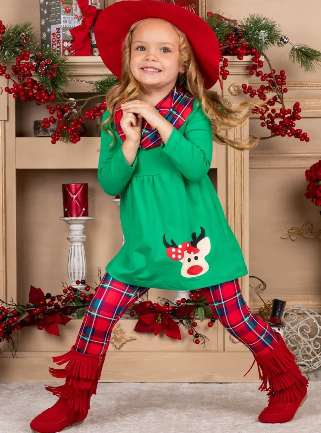 Girls Christmas Themed Green Long Sleeve Rudolph Applique Tunic and Red Plaid Leggings and Scarf Set - Image 5