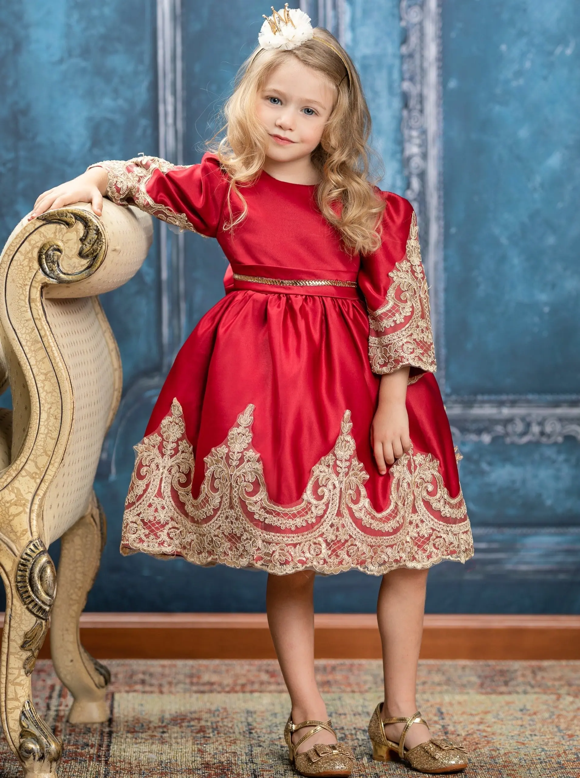 Satin And Gold Embroidered Holiday Princess Dress - Image 11