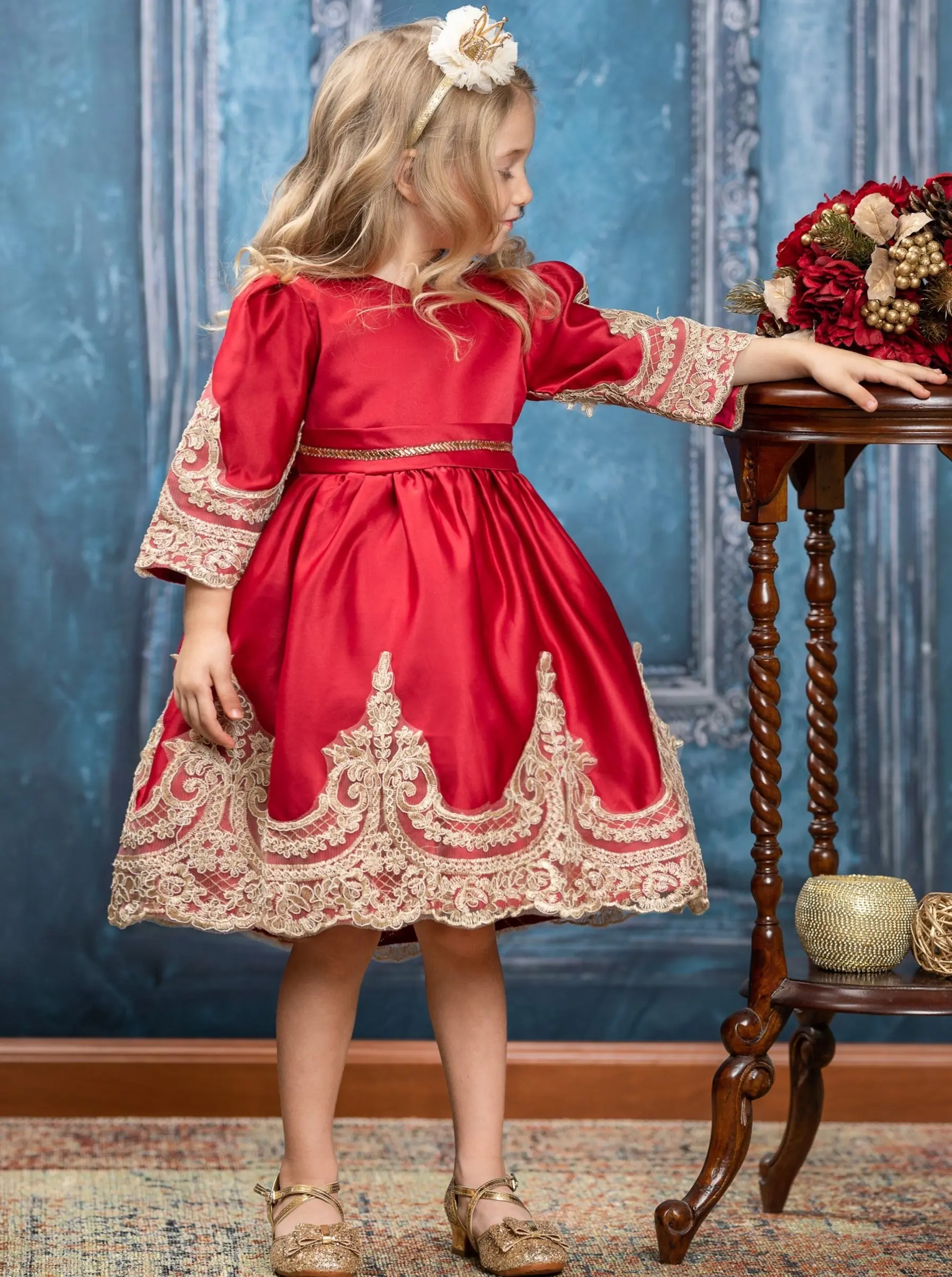 Satin And Gold Embroidered Holiday Princess Dress - Image 12