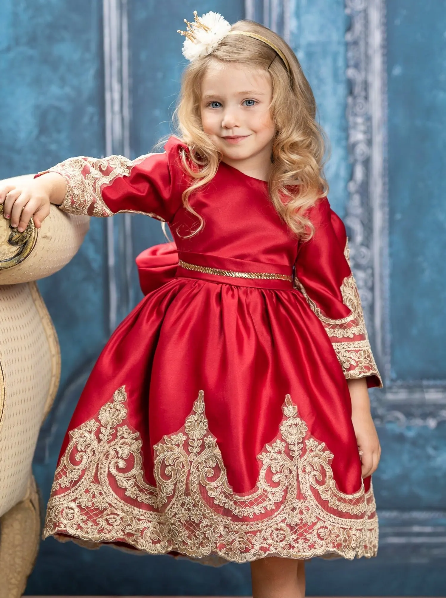 Satin And Gold Embroidered Holiday Princess Dress - Image 3