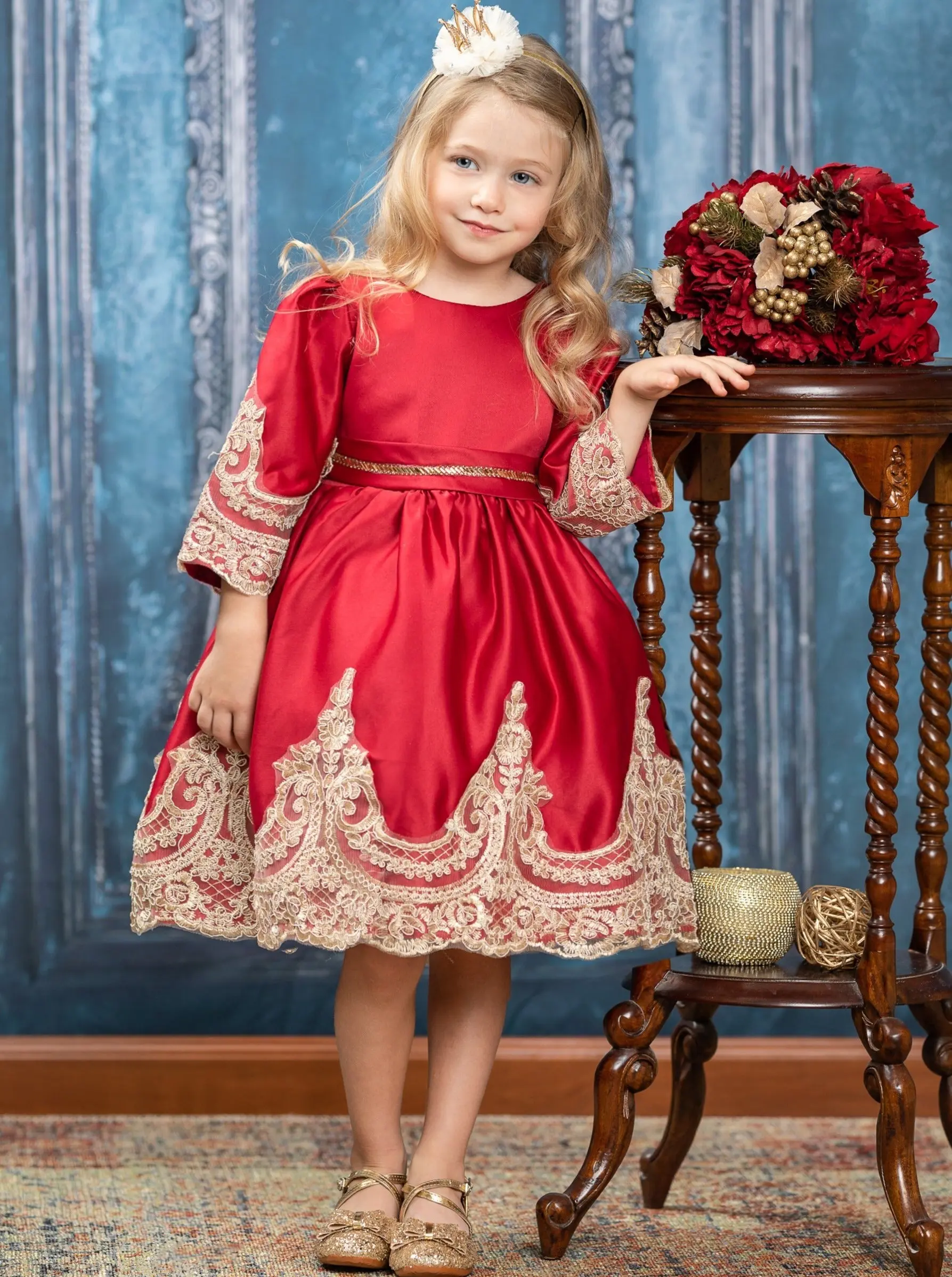 Satin And Gold Embroidered Holiday Princess Dress - Image 7