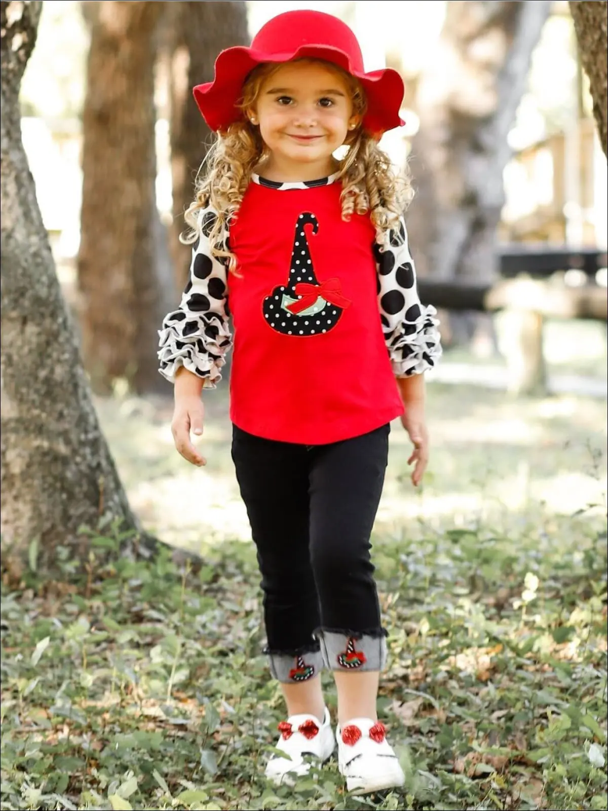 Raglan Ruffle Cuff Top and Applique Cuffed Jeans Set - Image 2