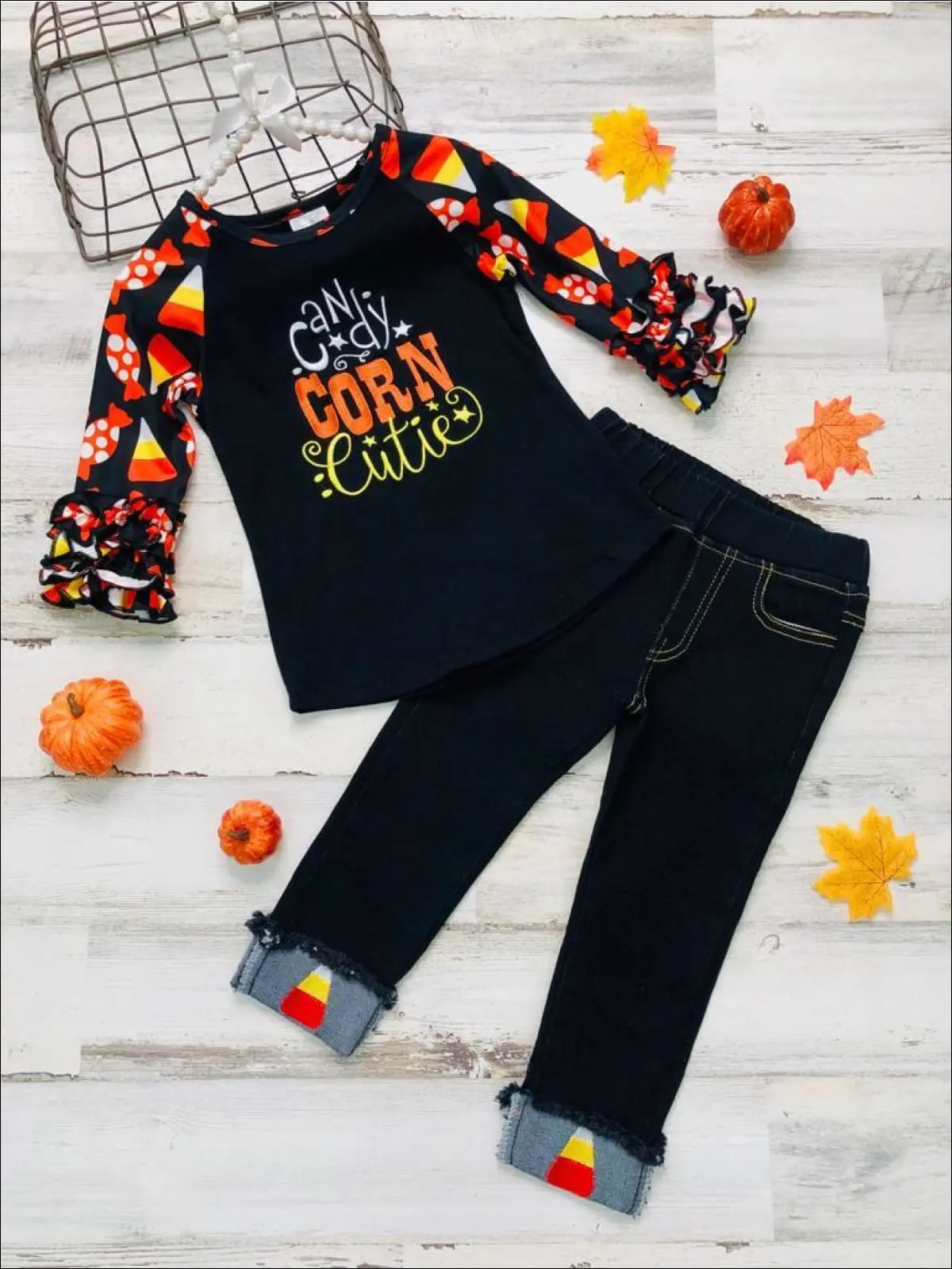 Raglan Ruffle Cuff Top and Applique Cuffed Jeans Set - Image 3