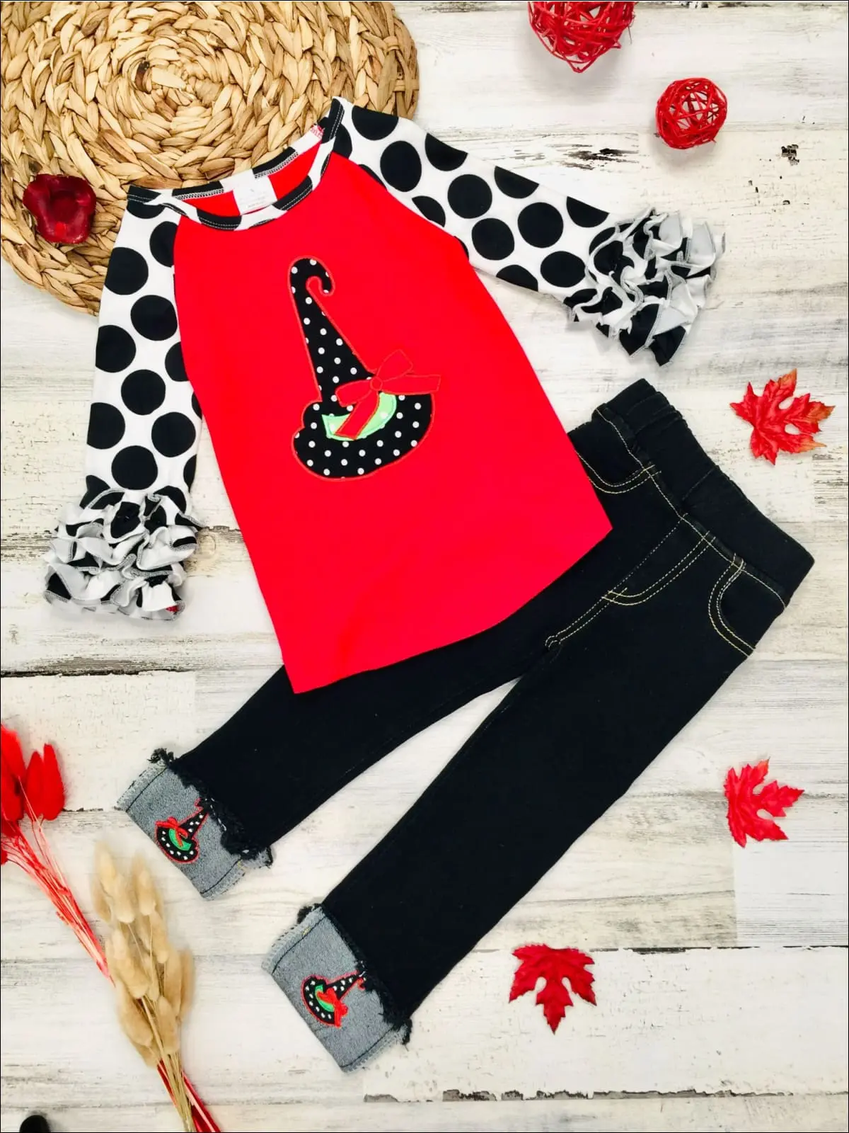 Raglan Ruffle Cuff Top and Applique Cuffed Jeans Set - Image 4