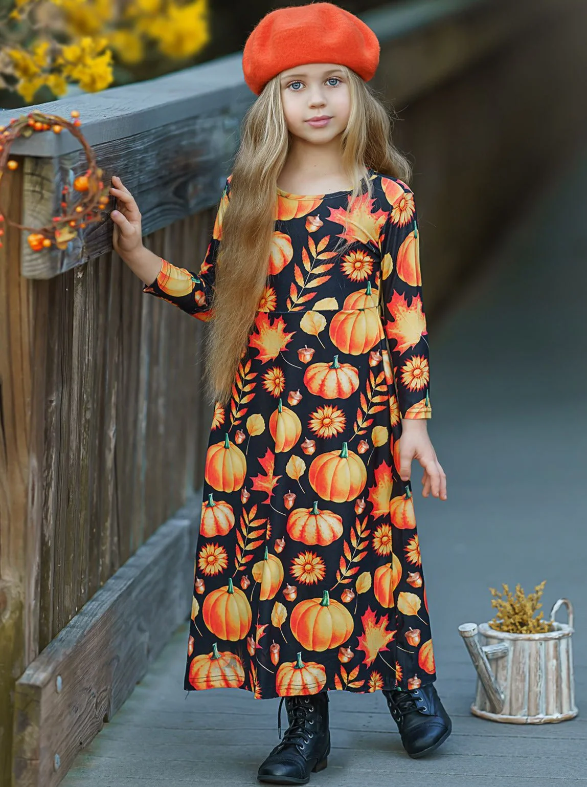 Girls Long Sleeve Pumpkin Printed Maxi Dress - Image 2