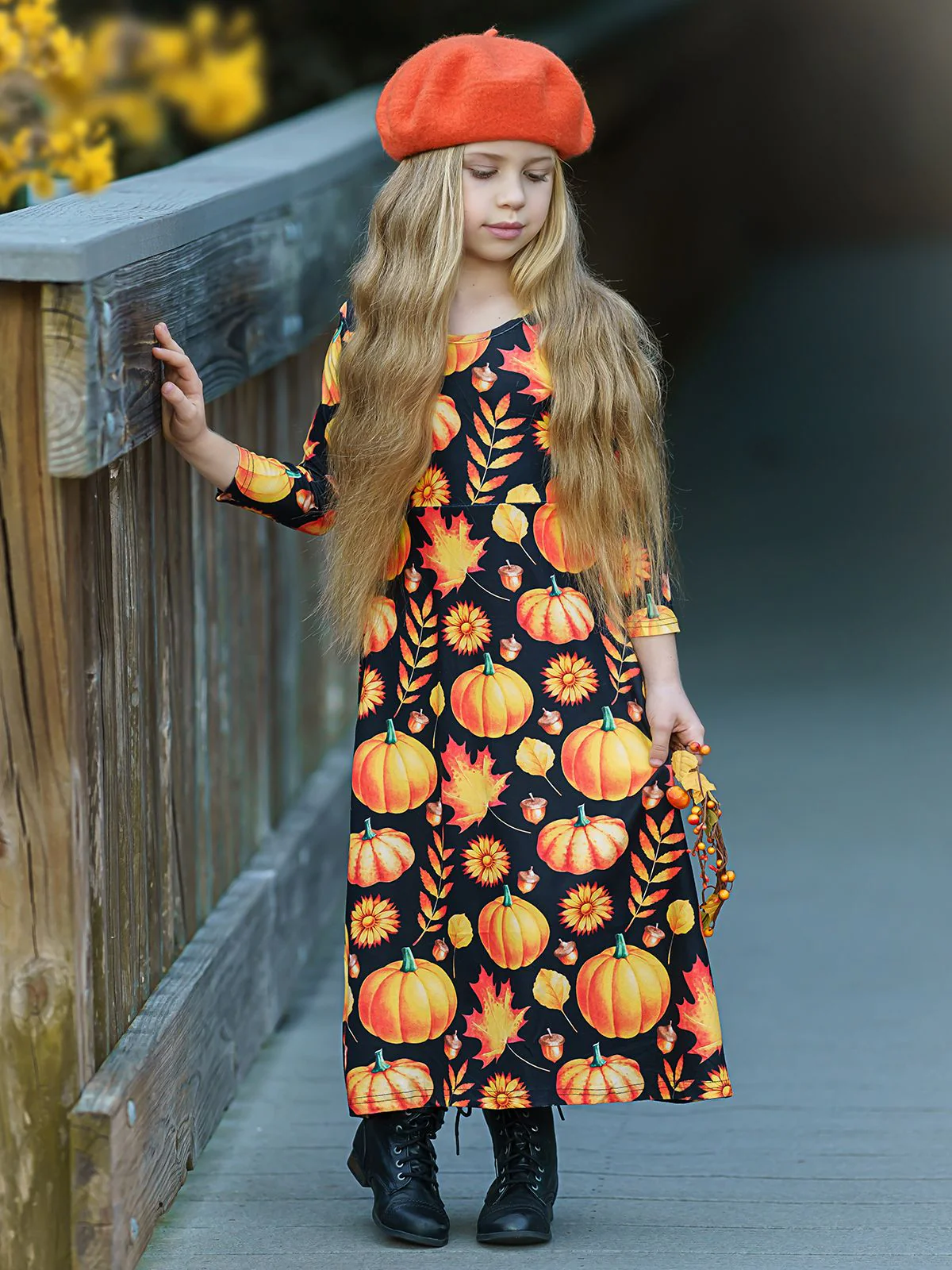 Girls Long Sleeve Pumpkin Printed Maxi Dress - Image 3