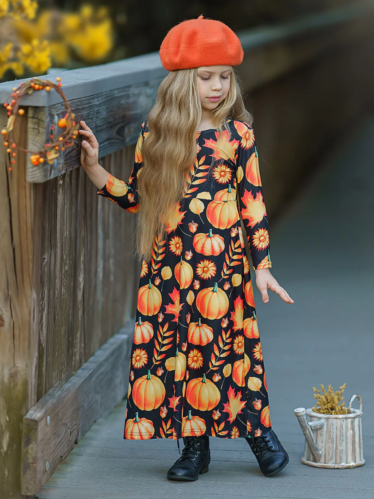 Girls Long Sleeve Pumpkin Printed Maxi Dress - Image 4