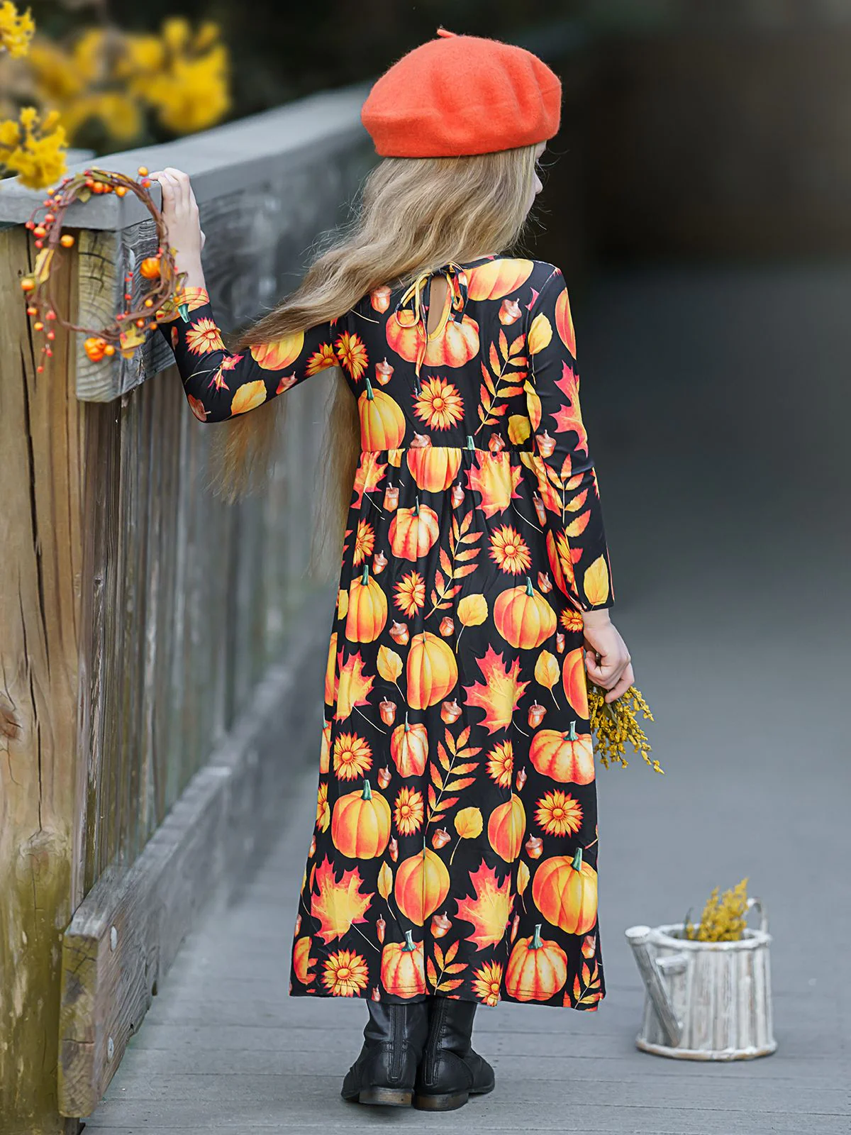Girls Long Sleeve Pumpkin Printed Maxi Dress - Image 5