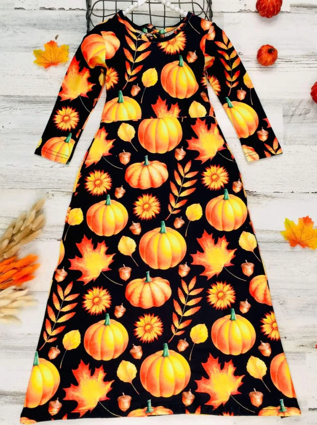 Girls Long Sleeve Pumpkin Printed Maxi Dress - Image 6