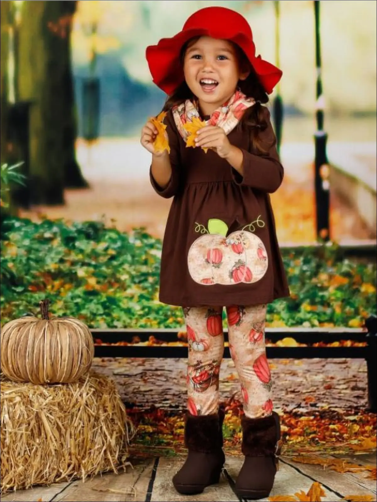 Girls Pumpkin Print Long Sleeve Tunic, Leggings And Scarf Set - Image 2