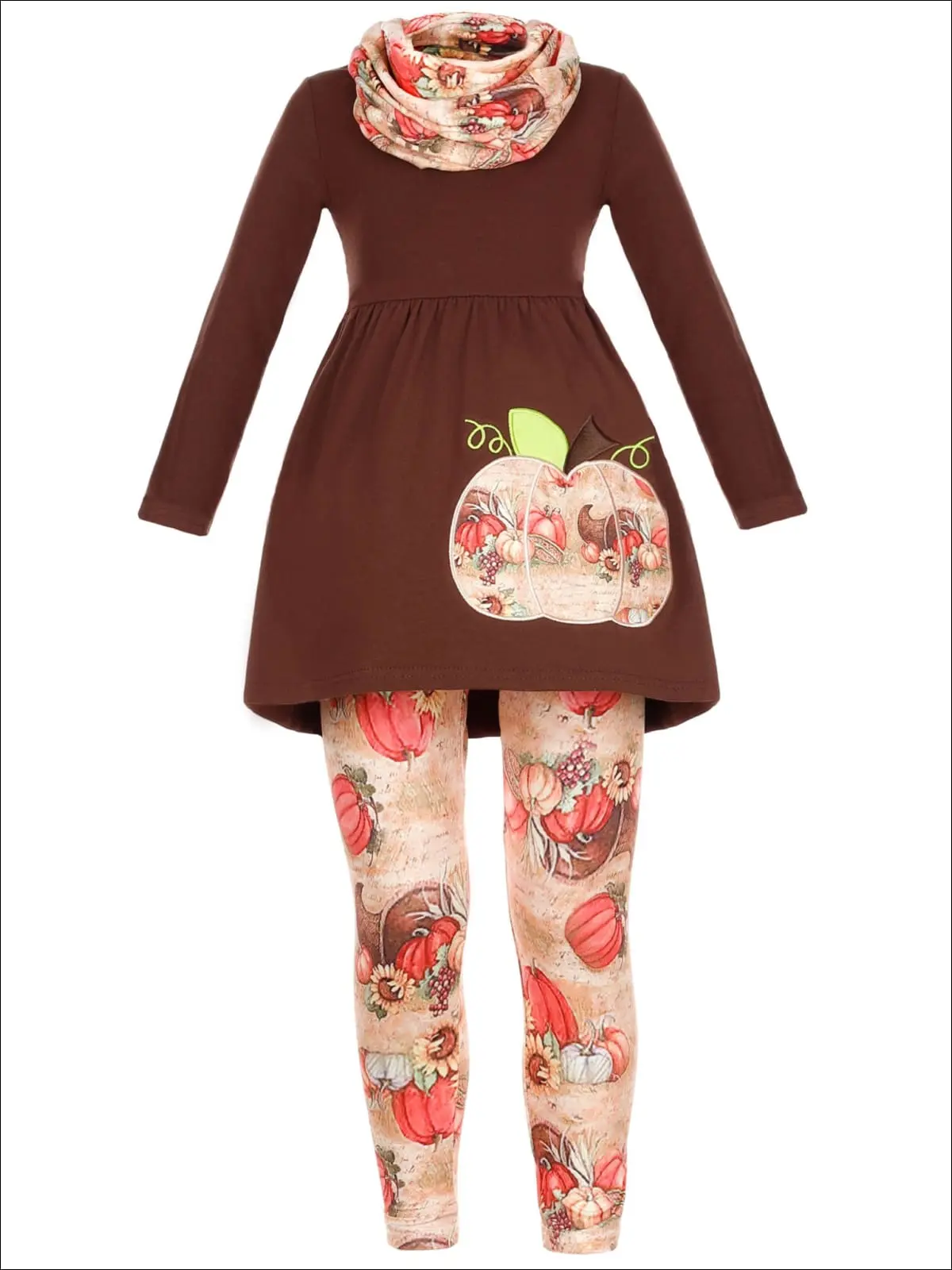 Girls Pumpkin Print Long Sleeve Tunic, Leggings And Scarf Set - Image 3