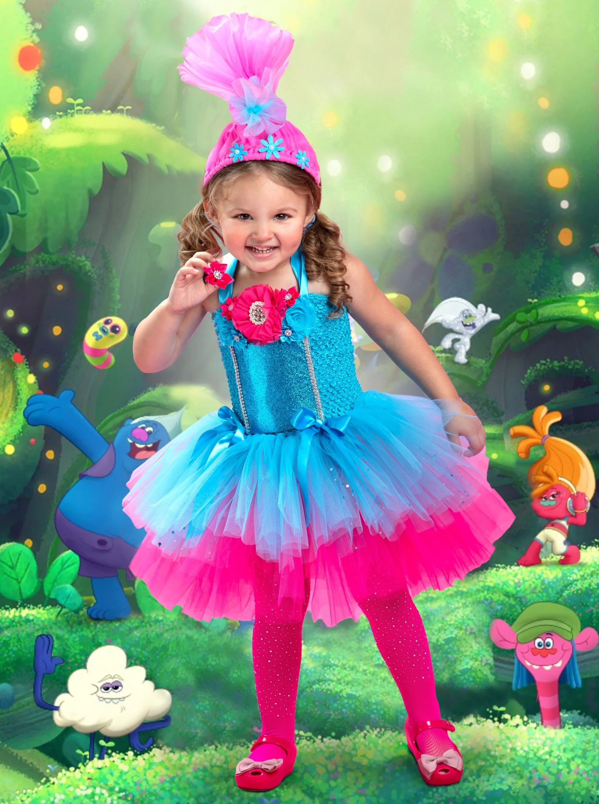 Girls Happy Troll Princess Inspired Costume Dress - Image 3