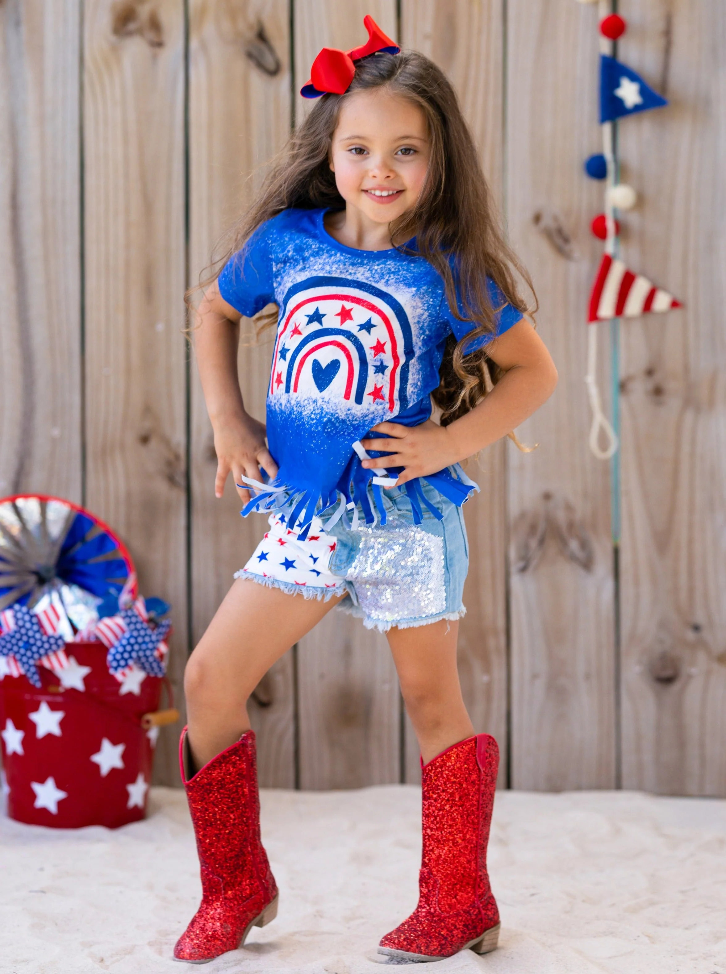 Star Rainbow Sequin Denim Shorts Set - Image 11