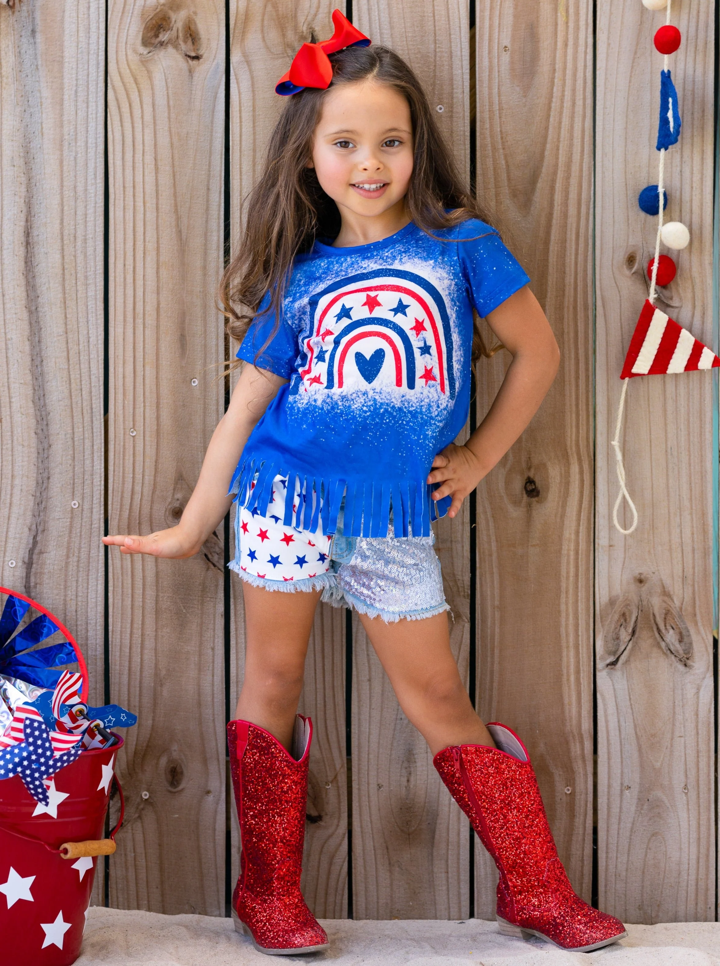 Star Rainbow Sequin Denim Shorts Set - Image 12